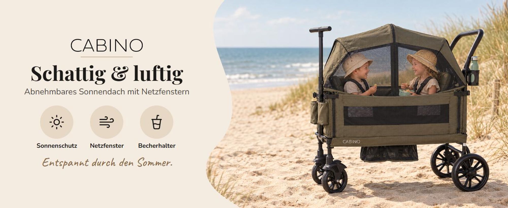 Cabino Bollerwagen Waggie Schwarz – faltbarer Handwagen für 2 Kinder mit Gurten, abnehmbarem Sonnendach, Tablett und Becherhalter, bis 50 kg