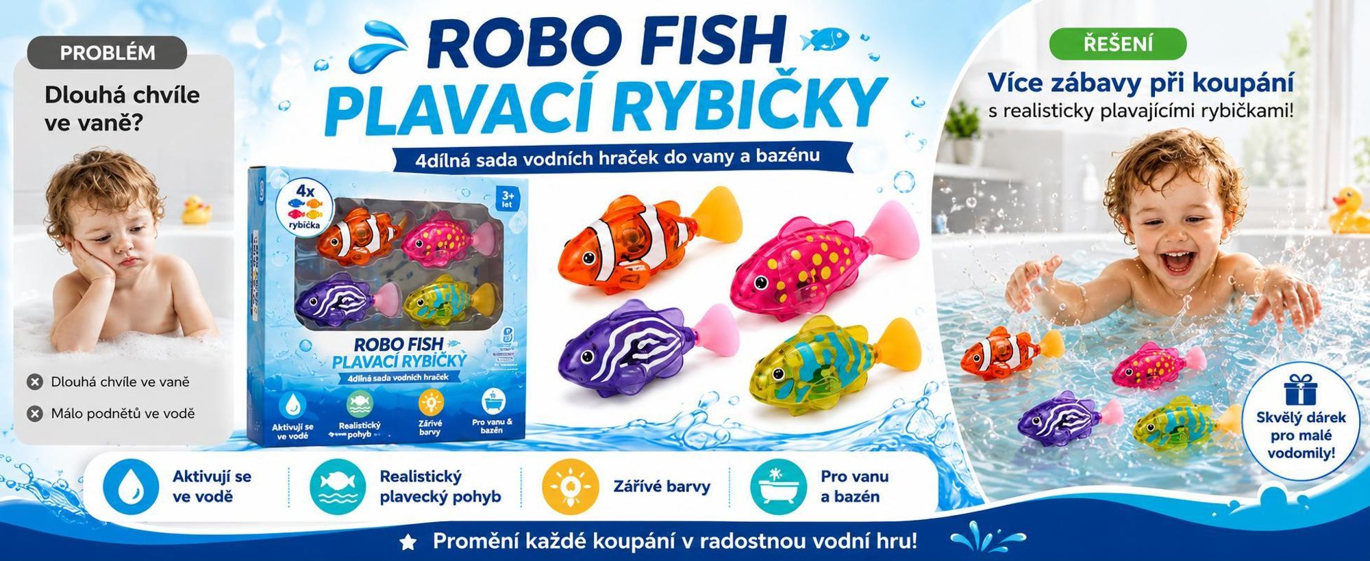 Sada 4 kusů plovoucích robotických rybek s senzorem aktivovaným vodou, vodní hračky Robo Fish pro děti – FISHISWIM