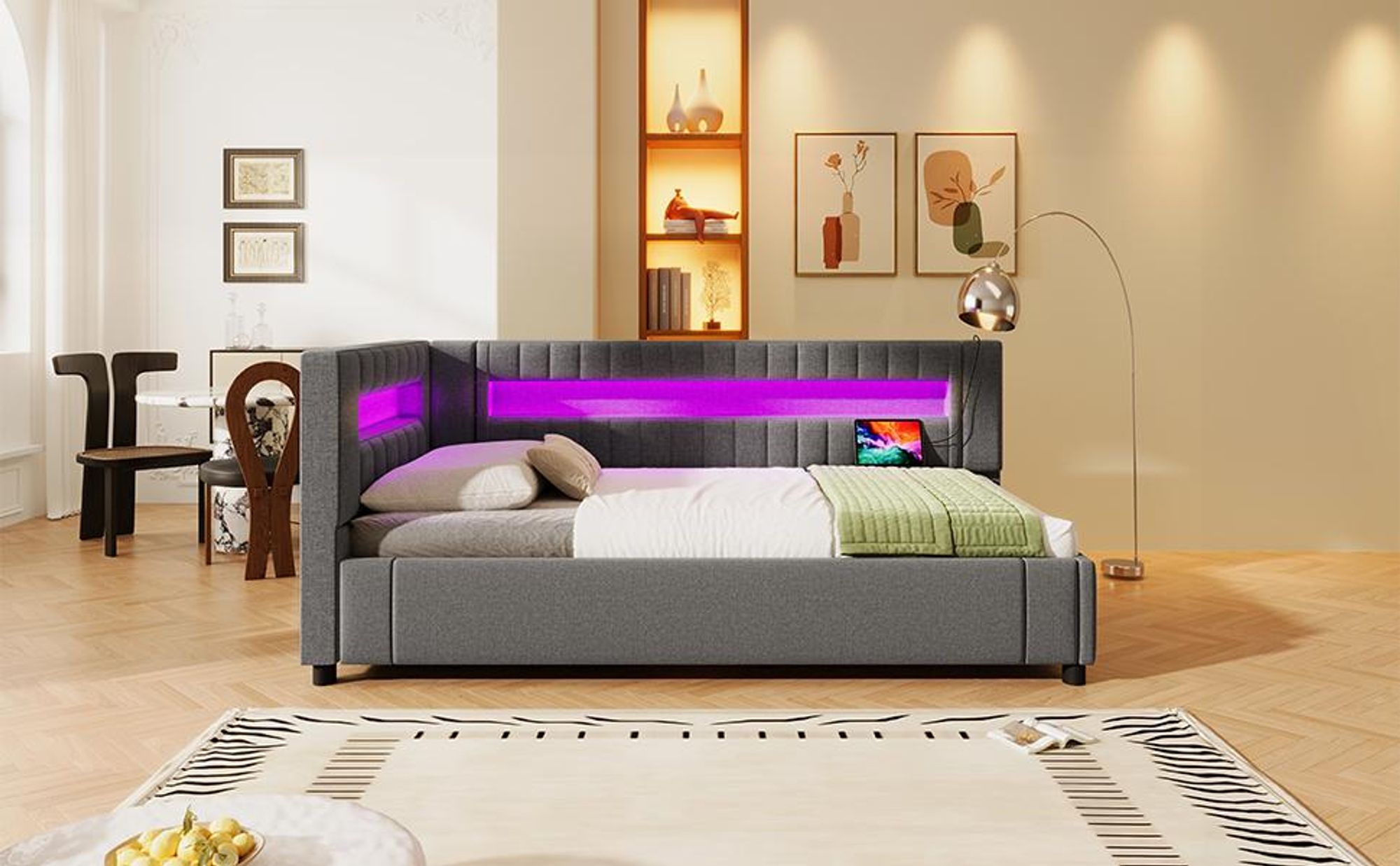 Merax Tagesbett Daybett 90x200 cm, hydraulischer Stauraum, LED-Lichtleiste mit Fernbedienung, Kopfteil mit USB & Type-C, Schlafsofa, Daybett, Grau