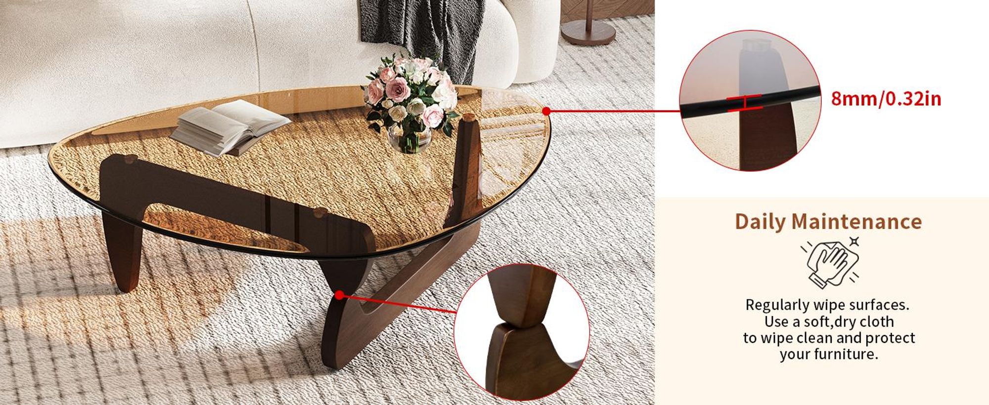 WISFOR Couchtisch, Wohnzimmertisch aus Glas und Holz, 110,5 x 76,5 x 42 cm