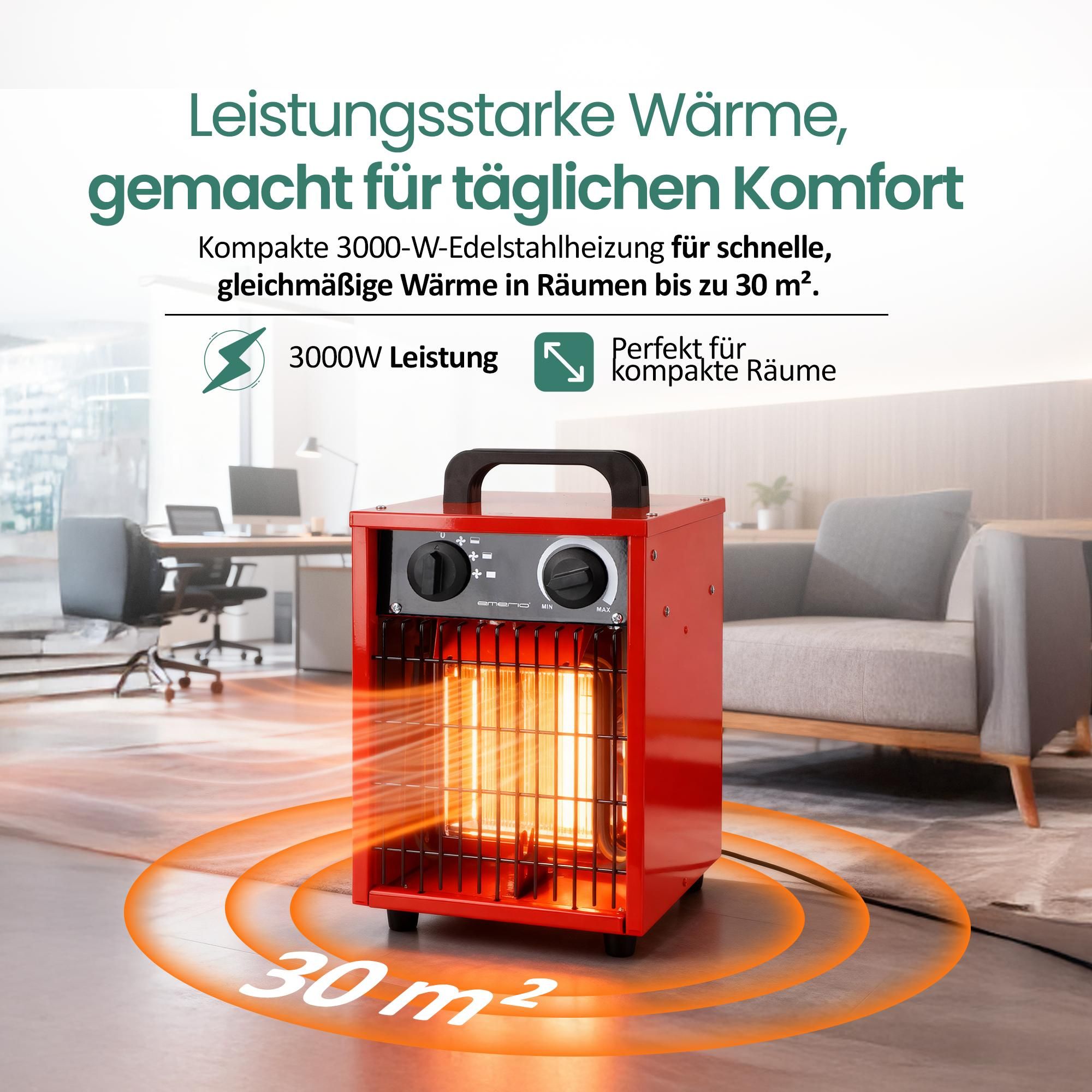 Emerio Power-Heizlüfter FH-102990 - Industrielle Heizlüfter – 30 m² – 3000W – IP24 - Ventilationsfunktion - einstellbarer Thermostat – 3 Heizstufen