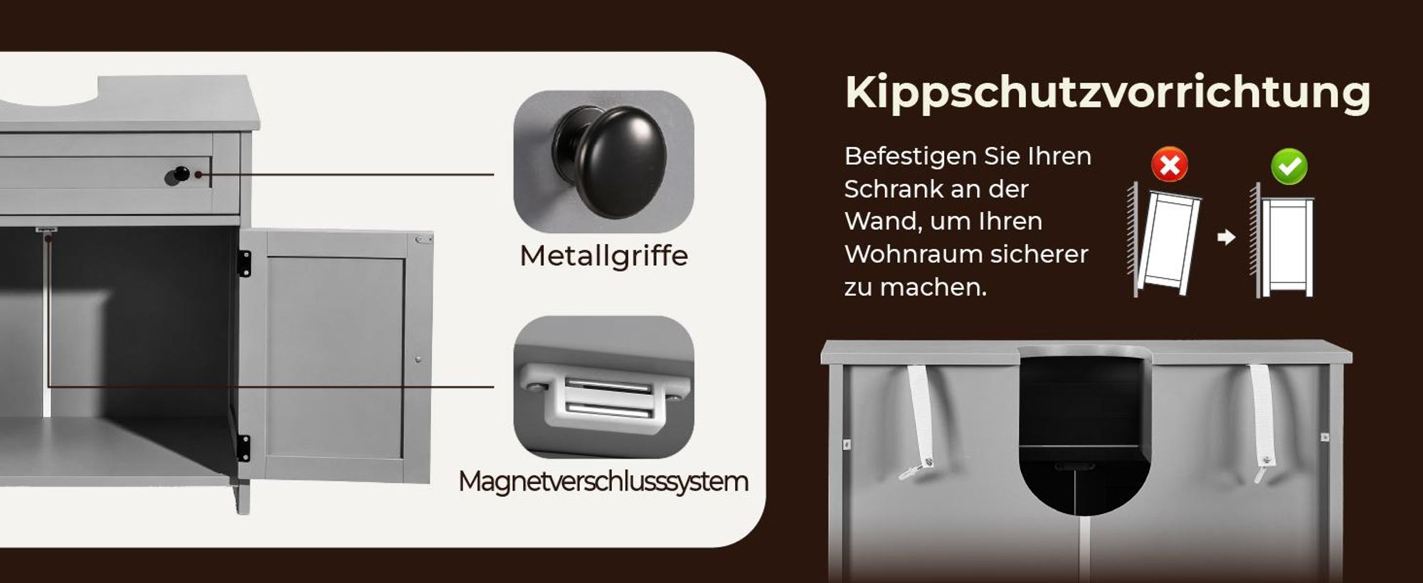 FCH Waschbeckenunterschrank mit große Schubladen, 2 Tür, Badezimmerschrank, 60x30x60 cm, Grau