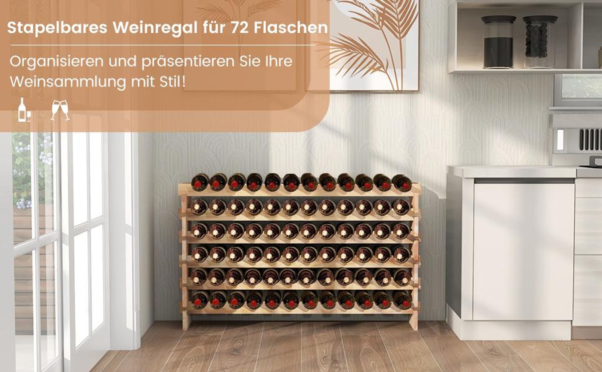 GOPLUS Weinregal stapelbar, Flaschenregal mit 6 Ebenen für 60 Flaschen, Flaschenhalter aus Kiefernholz, Natur (für 60 Flaschen)