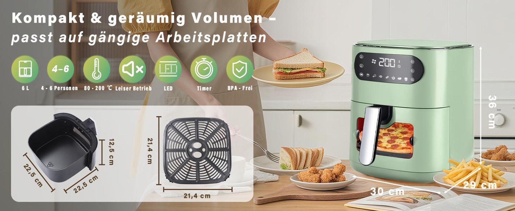 ZMH Heißluftfritteuse 6L Airfryer 7 Garprogramme 11 Funktionen Leise friteusen Sichtfenster mit Timer Touchscreen 10 Backpapier Grün