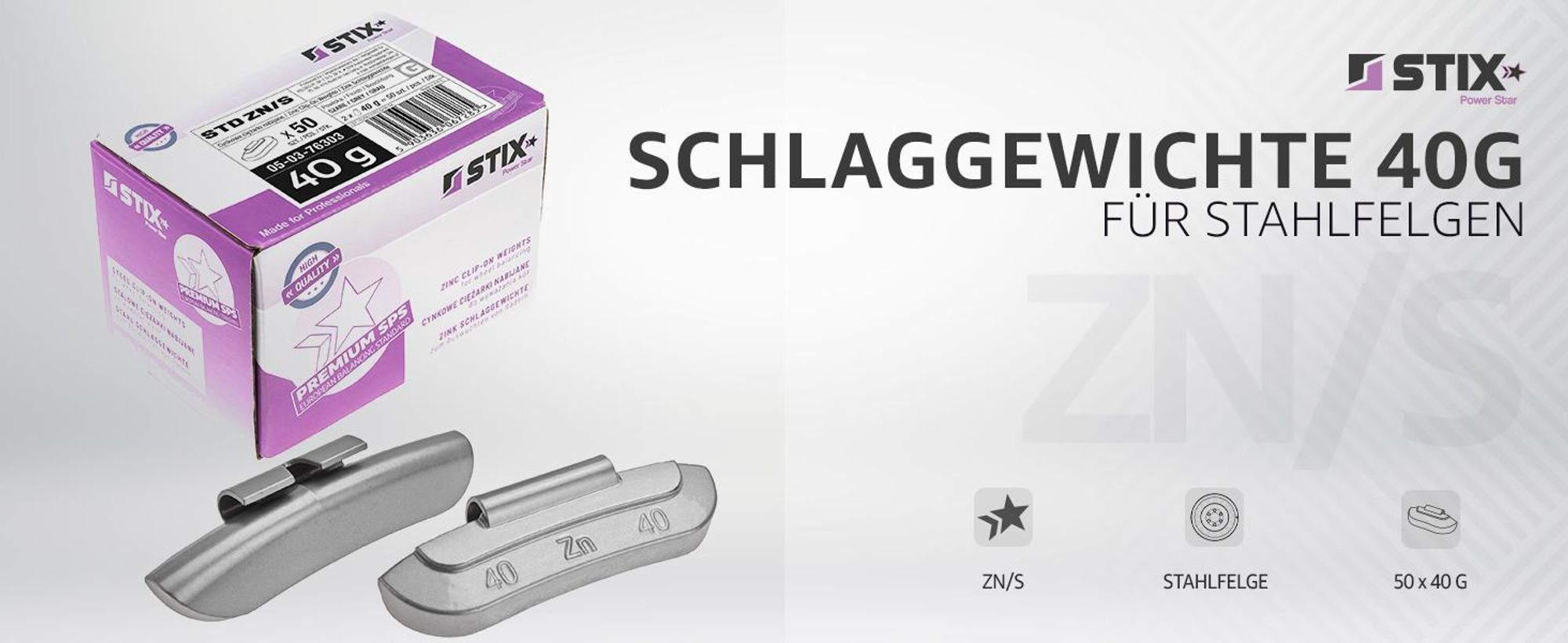 STIX ZN/S Schlaggewichte für Stahlfelgen 40g Zink beschichtet Auswuchtgewichte Wuchtgewichte Silber 50 Stück