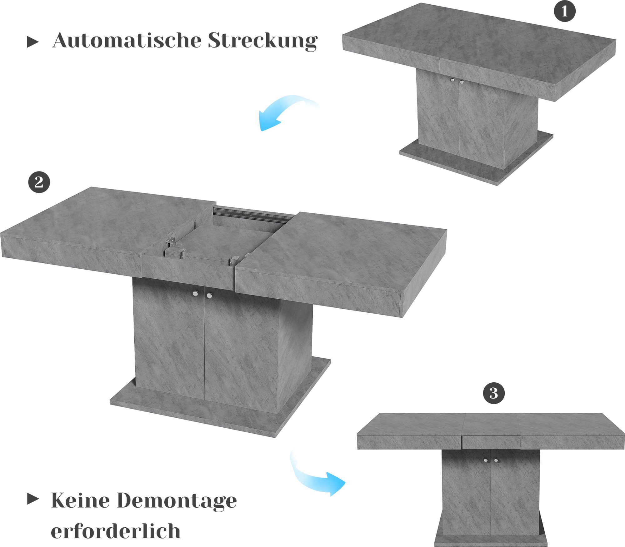 Flieks Ausziehbarer Esstisch Küchentisch mit Schrank, Rechteckig Esszimmertisch mit Stauraum, Ausziehbar Dehnbar Tisch, 140/180x80x76cm, Grau