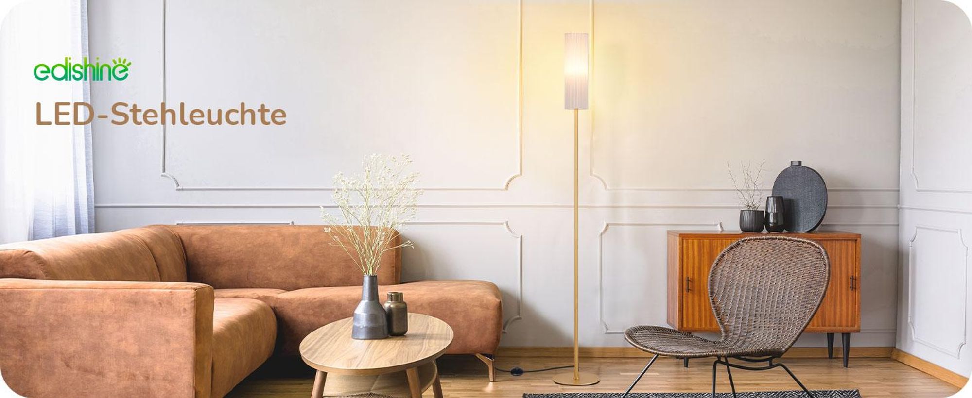 EDISHINE Stehlampe Dimmbar Wohnzimmer 165cm, LED Stehleuchte mit Fernbedienung, Gold