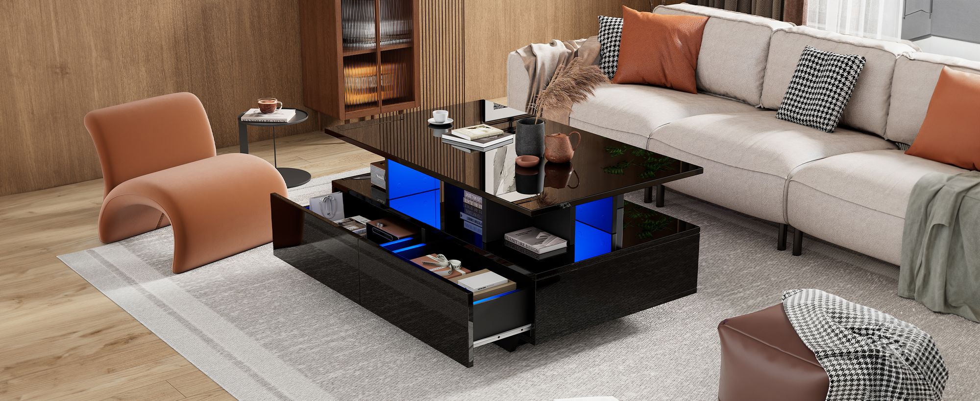 MODFU Hochglanz- Couchtisch Schwarz Wohnzimmertisch mit LED-Beleuchtung,Beistelltisch mit 2 Schubladene,Sofatisch für Schlafzimmer