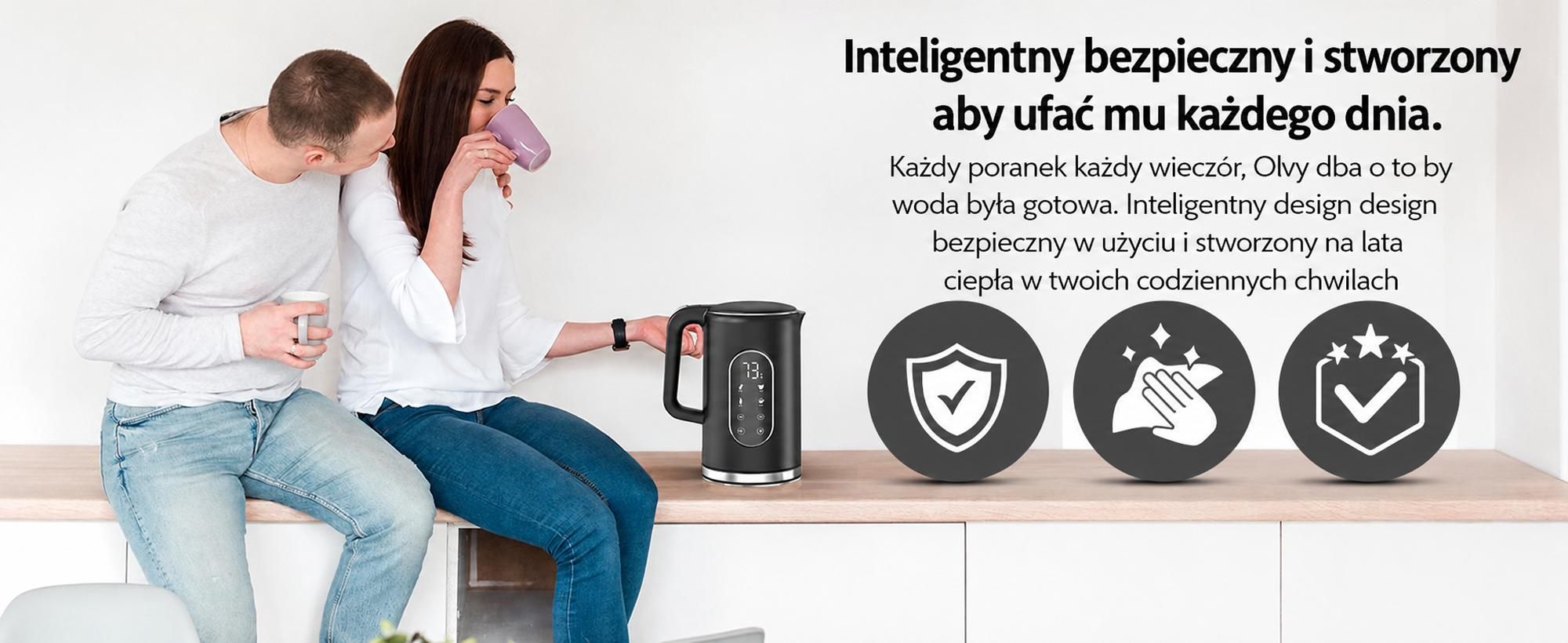 Czajnik Olvy z ustawieniem temperatury 1,7 l - wyświetlacz LCD, 2200 W, bez BPA, funkcja utrzymywania ciepła, filtr antywapienny, wybór temperatury 40-100°, stal nierdzewna