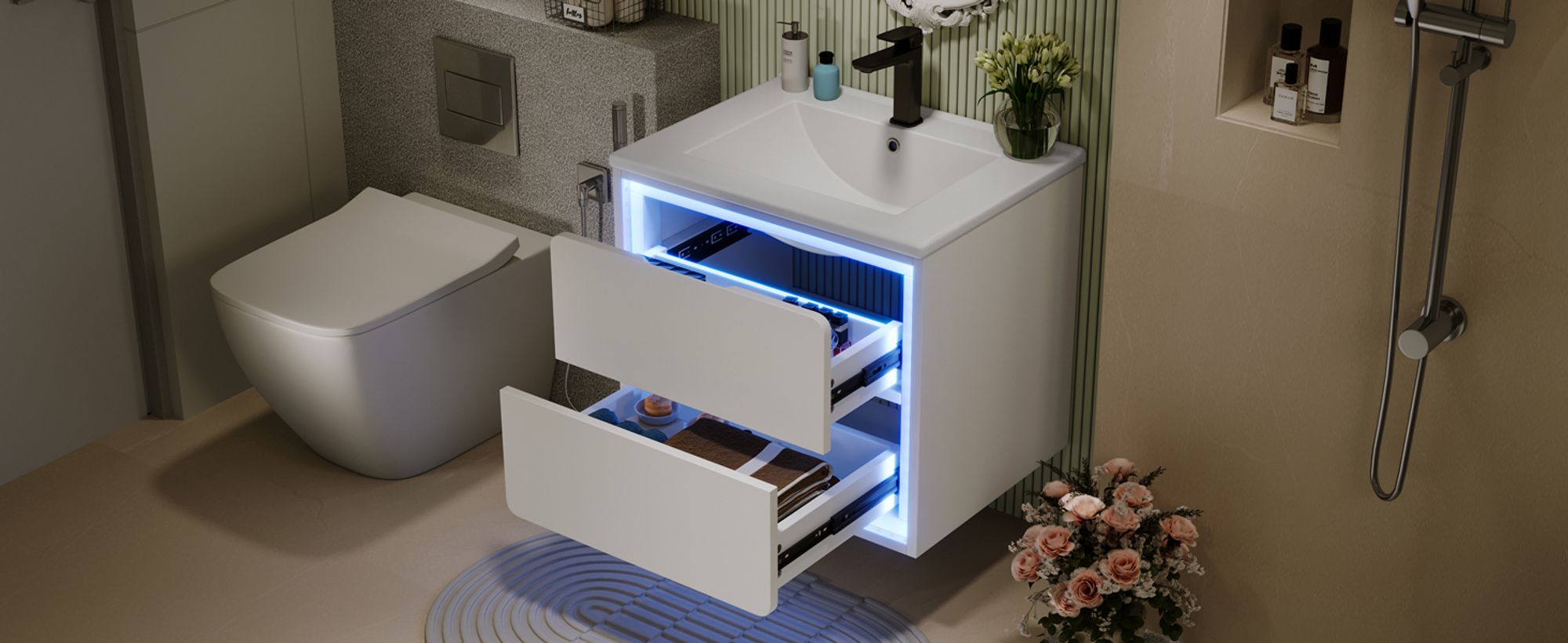 Flieks Waschbecken mit Unterschrank 60x46x50 cm, Badezimmerschrank wandhängend, Kommode mit LED-Radarsensor-Beleuchtung, weiß