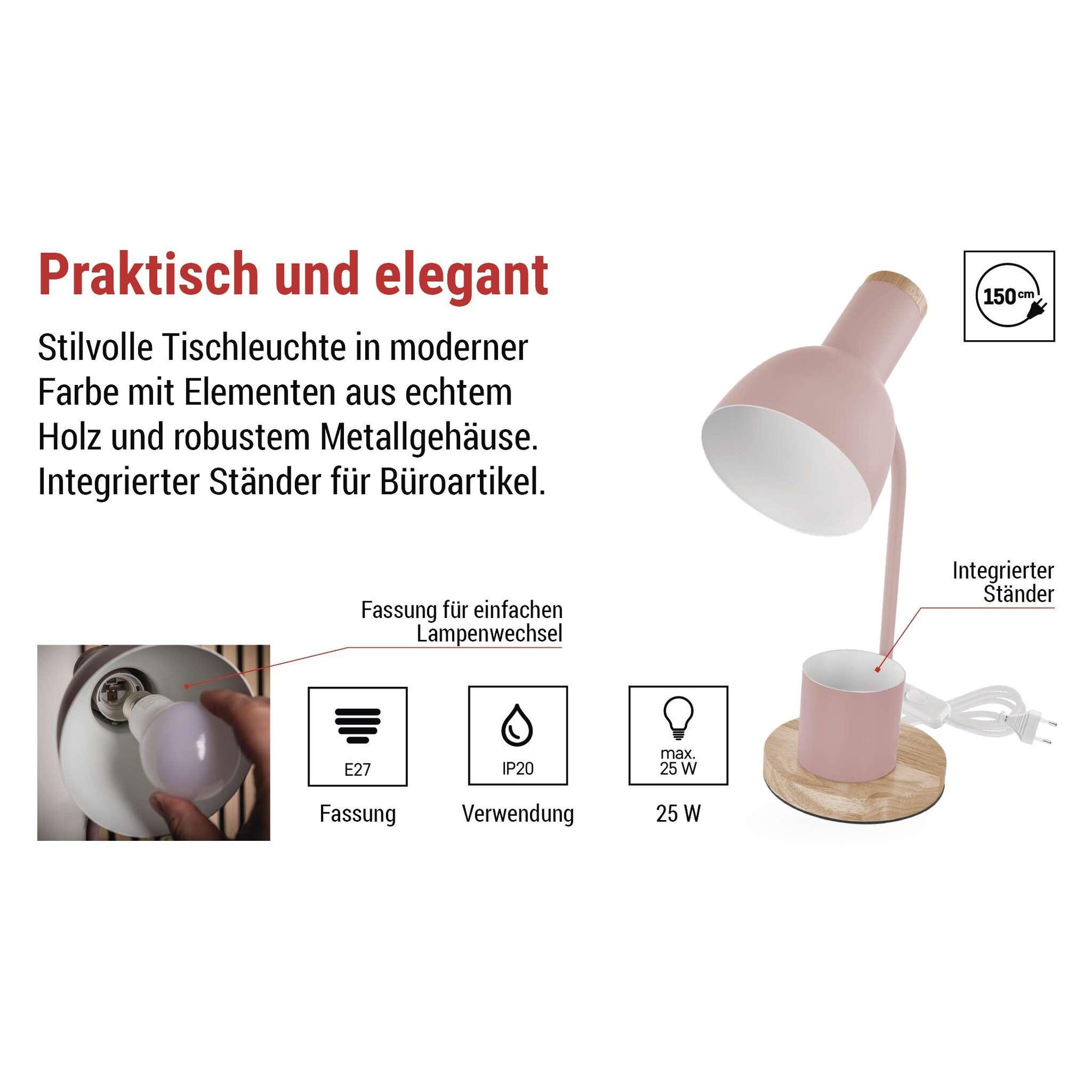 EMOS LED Tischlampe POPPY mit Stift-Halter, E27 Gewinde, Netzkabel 1,5m mit Schalter und Eurostecker, ohne Lichtquelle, E27 max. 25W, Rosa, Z7640P