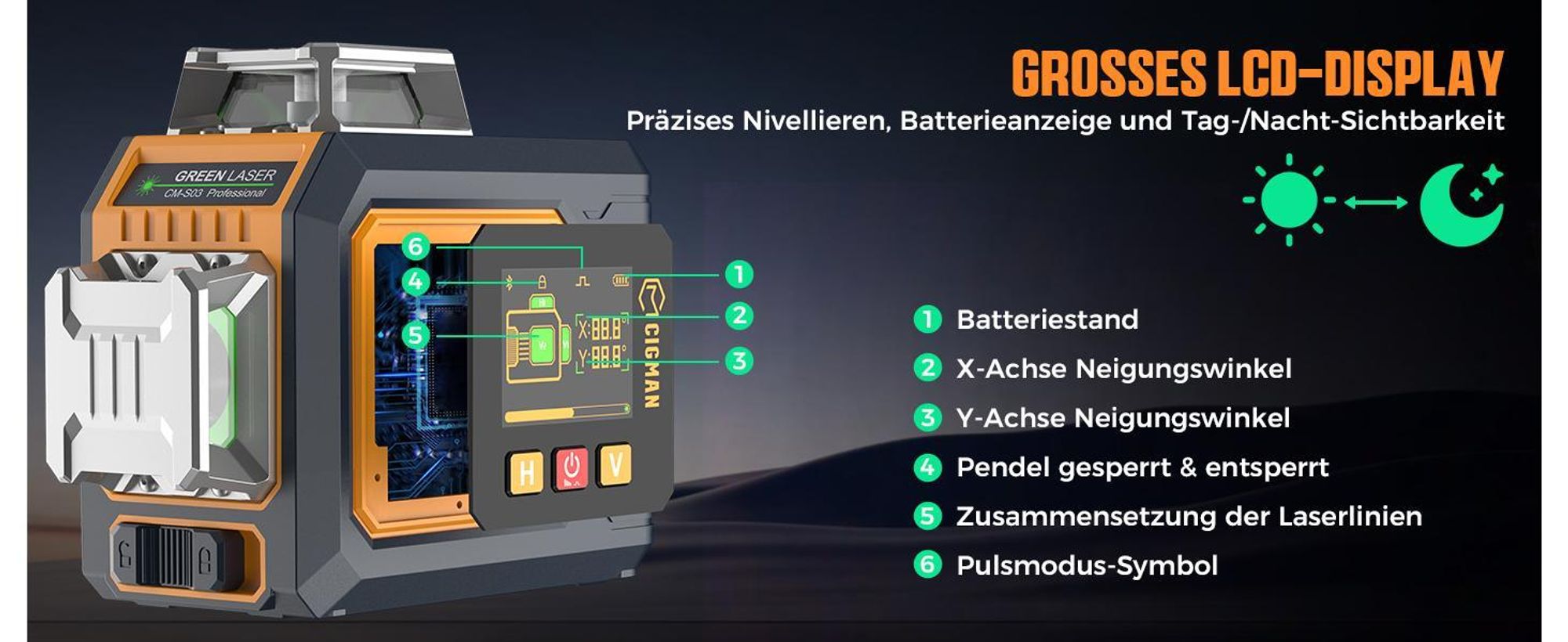 CIGMAN CM-S03 Kreuzlinienlaser 3x360° Grün mit App & LCD-Display