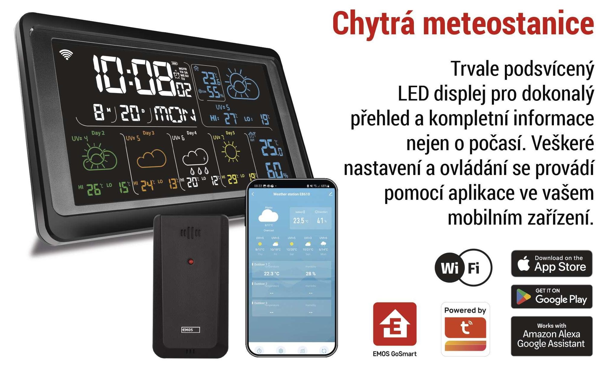 EMOS GoSmart Meteostanice WiFi s bezdrátovým venkovním čidlem a aplikací, barevný displej, předpověď na 5 dní; na bázi Tuya, Smartlife, adaptér