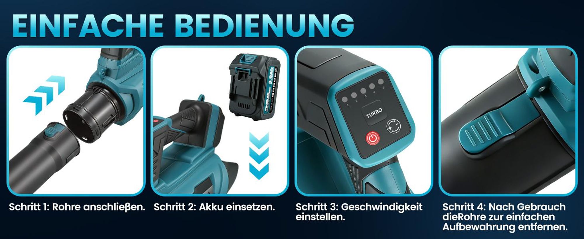 Akku Laubbläser 90m/s Elektrischer Laubgebläse mit 2 x 4,0 Ah Akku und Ladegerät 6-Stufen Regelung & 2 wechselbaren Düsen
