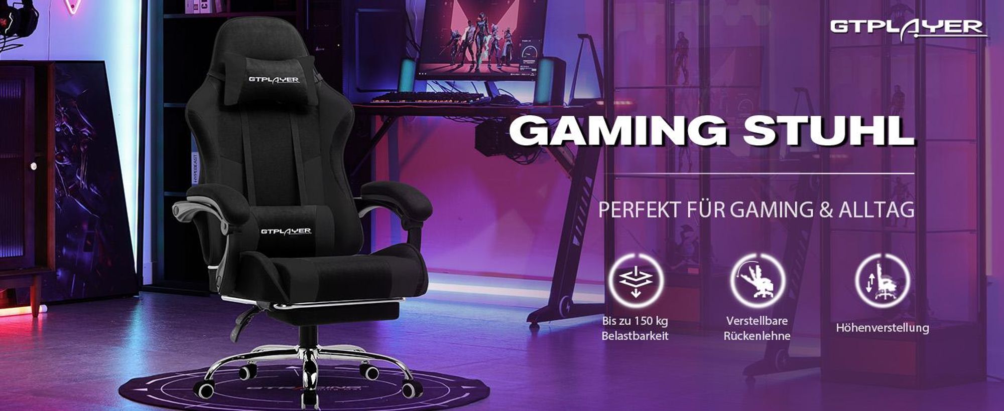 GTPLAYER Gaming Stuhl, Bürostuhl, Ergonomischer Pc Stuhl, Gaming Sessel mit Massagelendenwirbelstütze mit Fußstütze und Kopfstütze, Schwarz Stoff