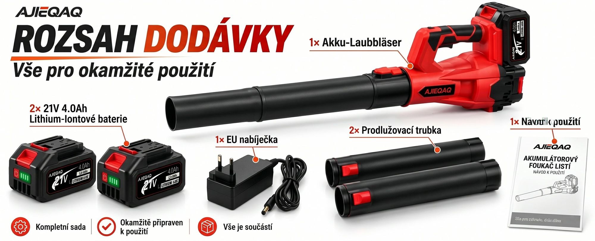 Aku foukač listí 21V Brushless, 2×4,0Ah baterie, 320 km/h, 6 stupňů s Turbo režimem, 1000W, bezdrátový foukač se 2 trubicemi