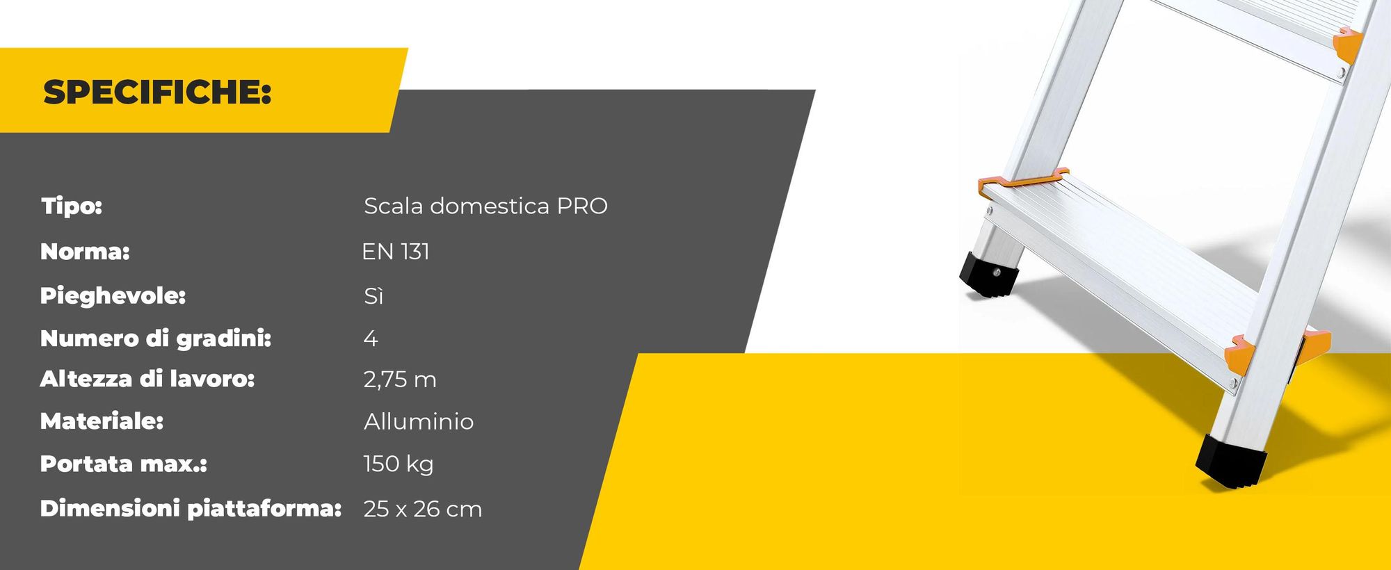 Drabest | Pioli Scala domestica a 4 pioli (150 kg) + ripiano, lunghezza di lavoro 2,75 m