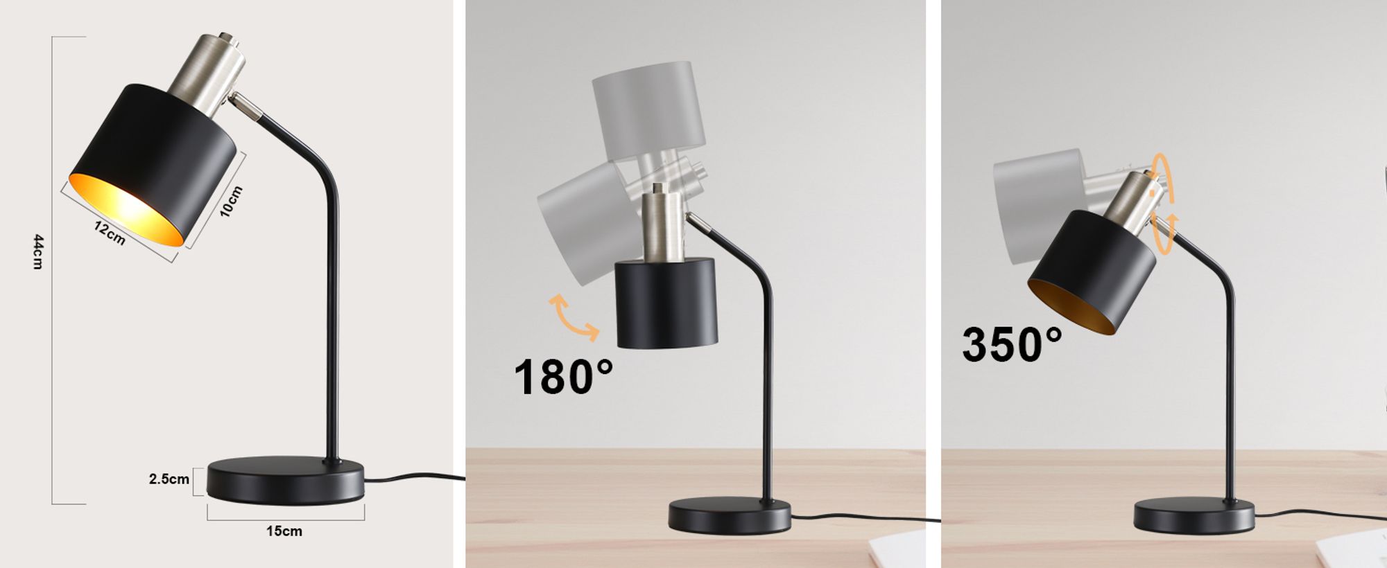 ZMH Tischlampe Vintage Nachttischlampe Kabel E27 Tischleuchte Wohnzimmer Schwarz Gold Schreibtischlampe Retro Schwenkbar Leselampe Tisch Basic Nachtlampe Bett für Schlafzimmer
