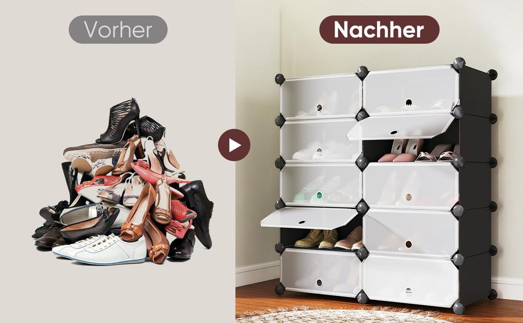 Sekey Schuhregal Schmal Schuhschrank mit 10 Fächern 1-tlg mit Tür, DIY Kunststoff Schuhaufbewahrung, Schwarz