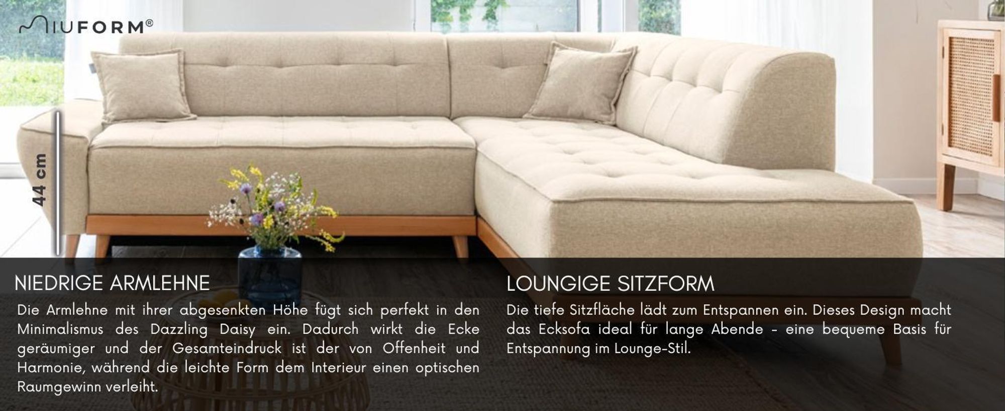 MIUFORM Dazzling Daisy - Ecksofa mit Bettfunktion und Bettkasten L-FORM LINKS - 253x190cm - Türkis - Sofa Schlafsofa Couch