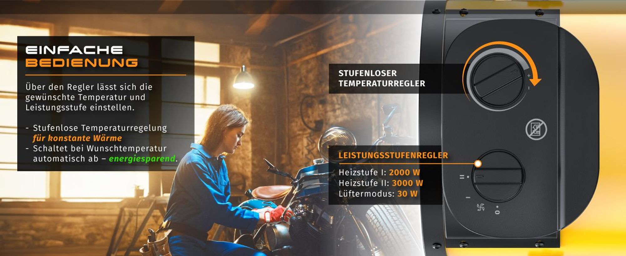 Brandson Baustellen-Heizlüfter, Bauheizer, 3000 W, Thermostat, 2 Heizstufen, 220 m³/h, PTC-Keramik, Metallgehäuse, Lüfterbetrieb, Thermosicherung