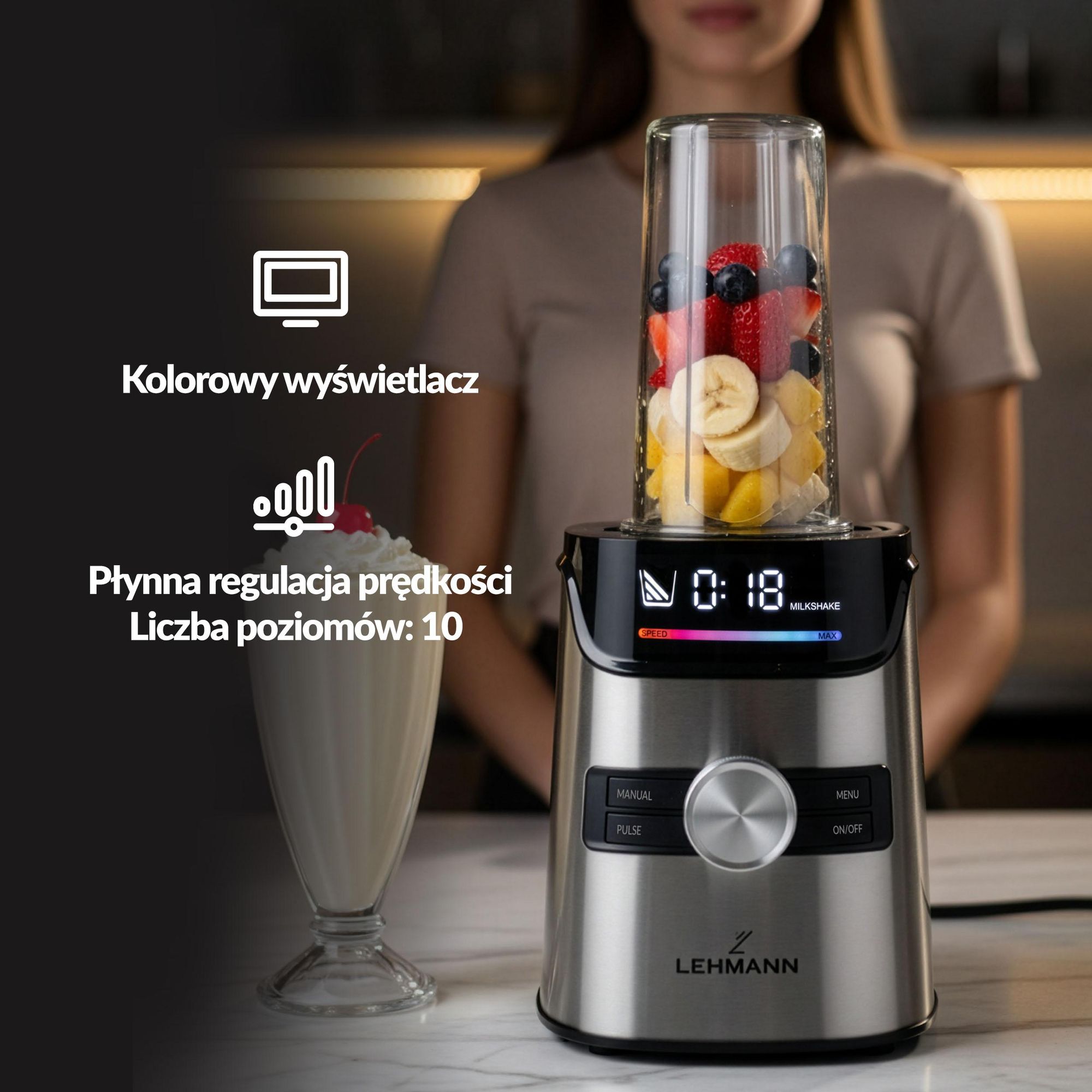 Mocny Blender Kielichowy Lehmann Senso 2000W Szklany 1,7L | Mikser Smoothie Koktajli Lodu | 2x Bidon Cup Młynek do Kawy | Stal Nierdzewna Złote ostrza