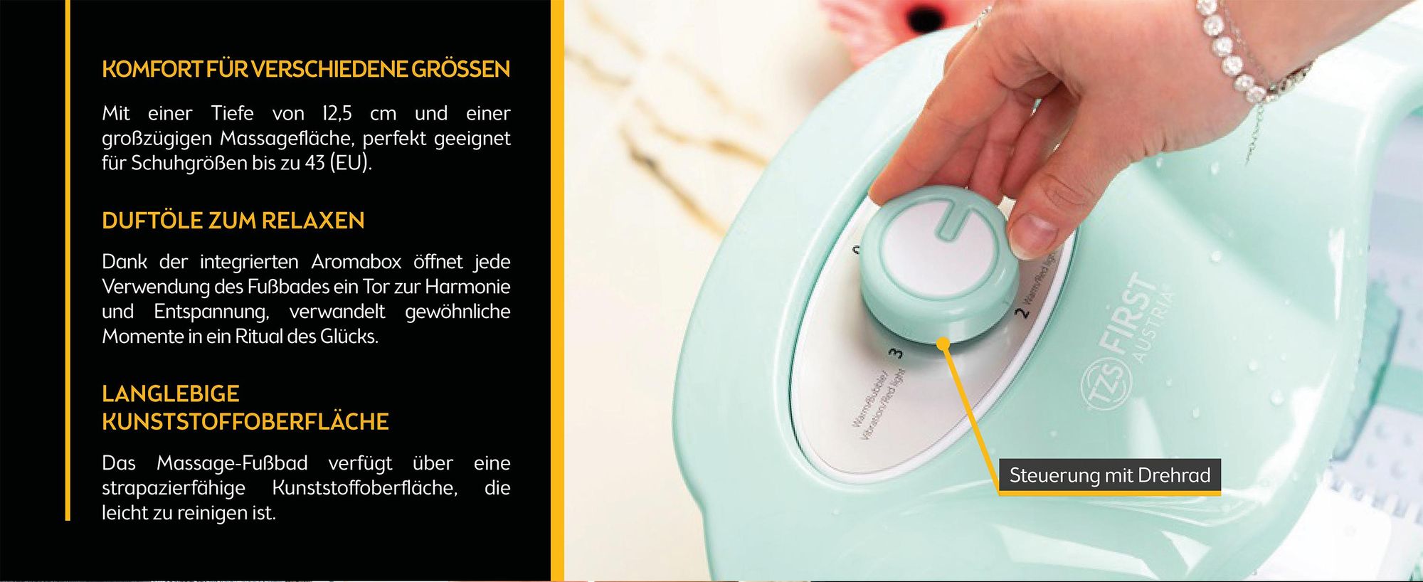 TZS First Austria - Fußsprudelbad 80W - Fußmassagegerät mit 3 Programme & 3 Aufsätze - klappbarer Griff