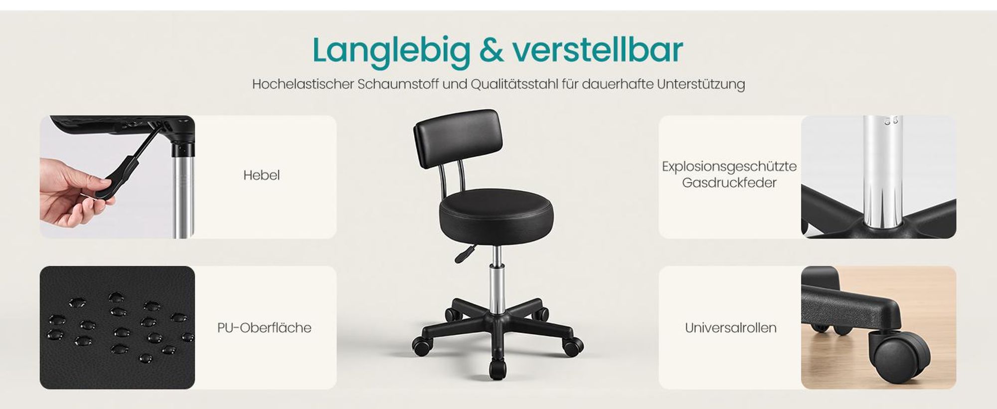 SONGMICS Rollhocker, höhenverstellbar, Hocker mit Rückenlehne, Labor, belastbar bis 150 kg, PolyurethanBezug, schwarz
