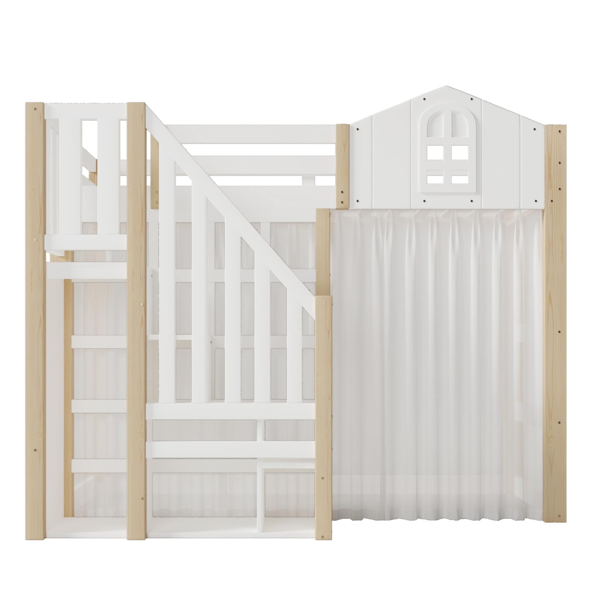 Flieks Etagenbett 90x200cm mit Led, Kinderbett Hausbett mit Bettvorhang, Hochbett Einzelbett mit Lattenrost und Rausfallschutz, Naturbelassen