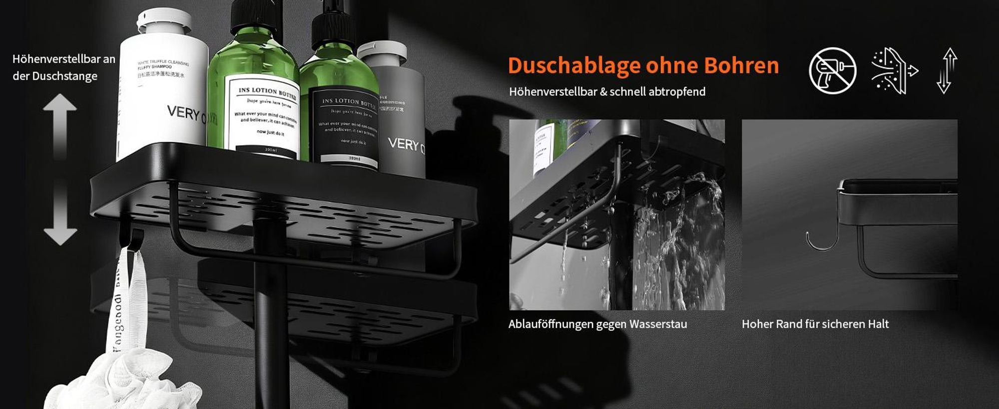 Homelody Duschsystem ohne Armatur, Duschset Duschsäule mit SUS304 Edelstahl Duschablage 30cm kopfbrause & Handbrause Quadratisch 5 Strahlarten Schwarz