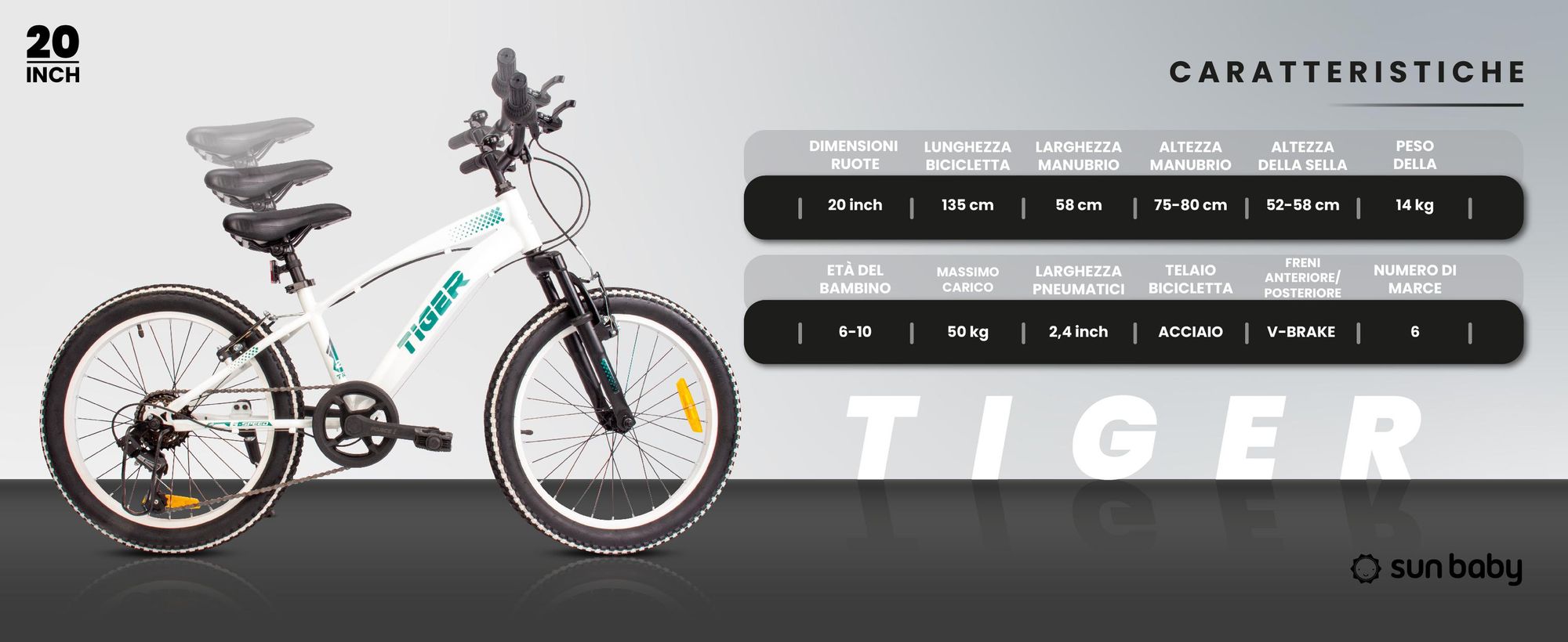 Bicicletta per ragazzi Bicicletta per ragazzi da 6 anni 20 pollici Bicicletta per ragazzi a 6 velocità Shimano RevoShift Tiger Bike bianco