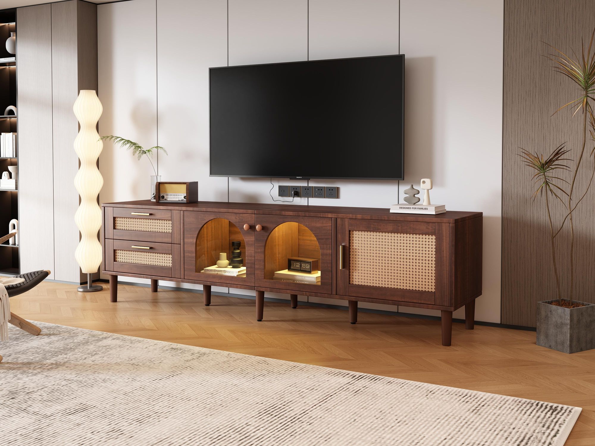 STILVORA Lowboard mit Glastüren&LED-Beleuchtung,TV-Schrank Fernsehschrank mit Rattanschubladen,TV-Lowboard für Fernseher bis 80 Zoll,Walnuss