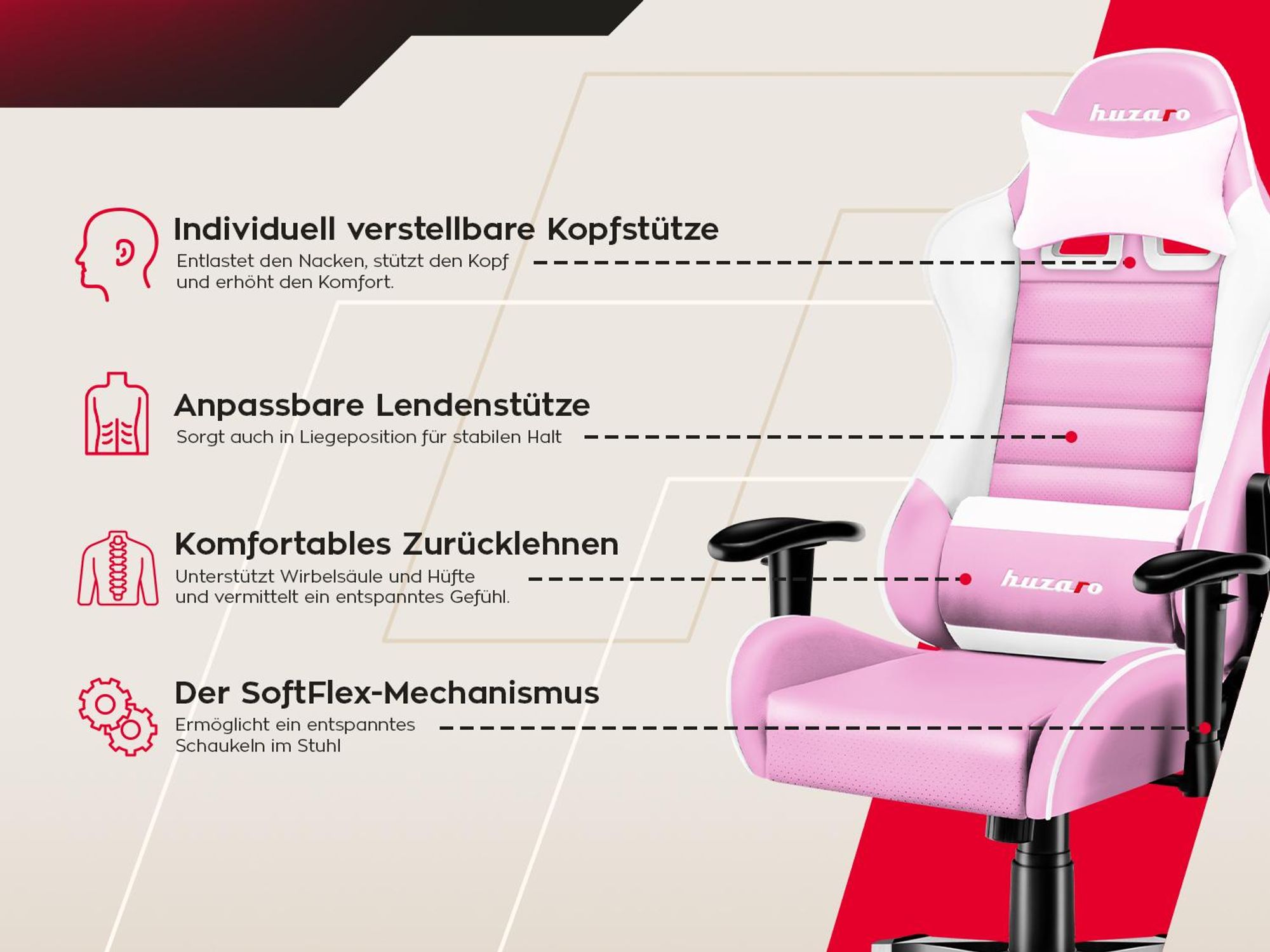 Huzaro Kinder Schreibtischstuhl Ranger 6.0 Gaming Stuhl Racing Sessel Bürostuhl Drehstuhl Gamer bis 130 kg Rosa
