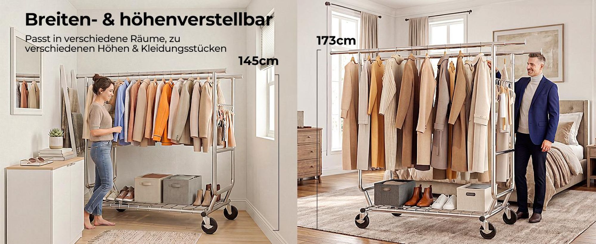 HOKEEPER Profi Doppelter Kleiderständer, bis 272 kg belastbar, Schwerlast Kleiderstange auf rollen, Industrie-Design, Garderobenständer