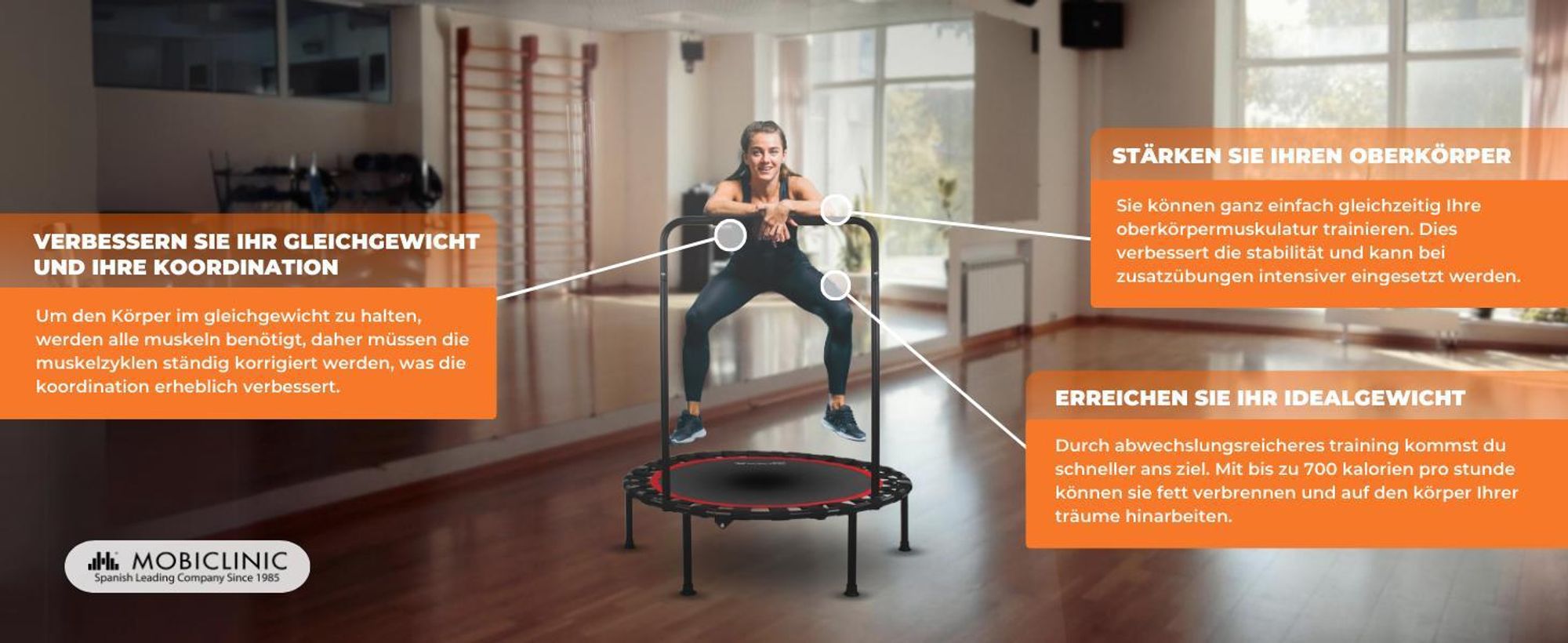 Mobiclinic Kangumobi, Fitness Trampolin, Zusammenklappbar, Indoor und Outdoor, Ø 101 cm, 2 Widerstandsbänder, bis 150 kg, mit höhenverstellbarer, Rot