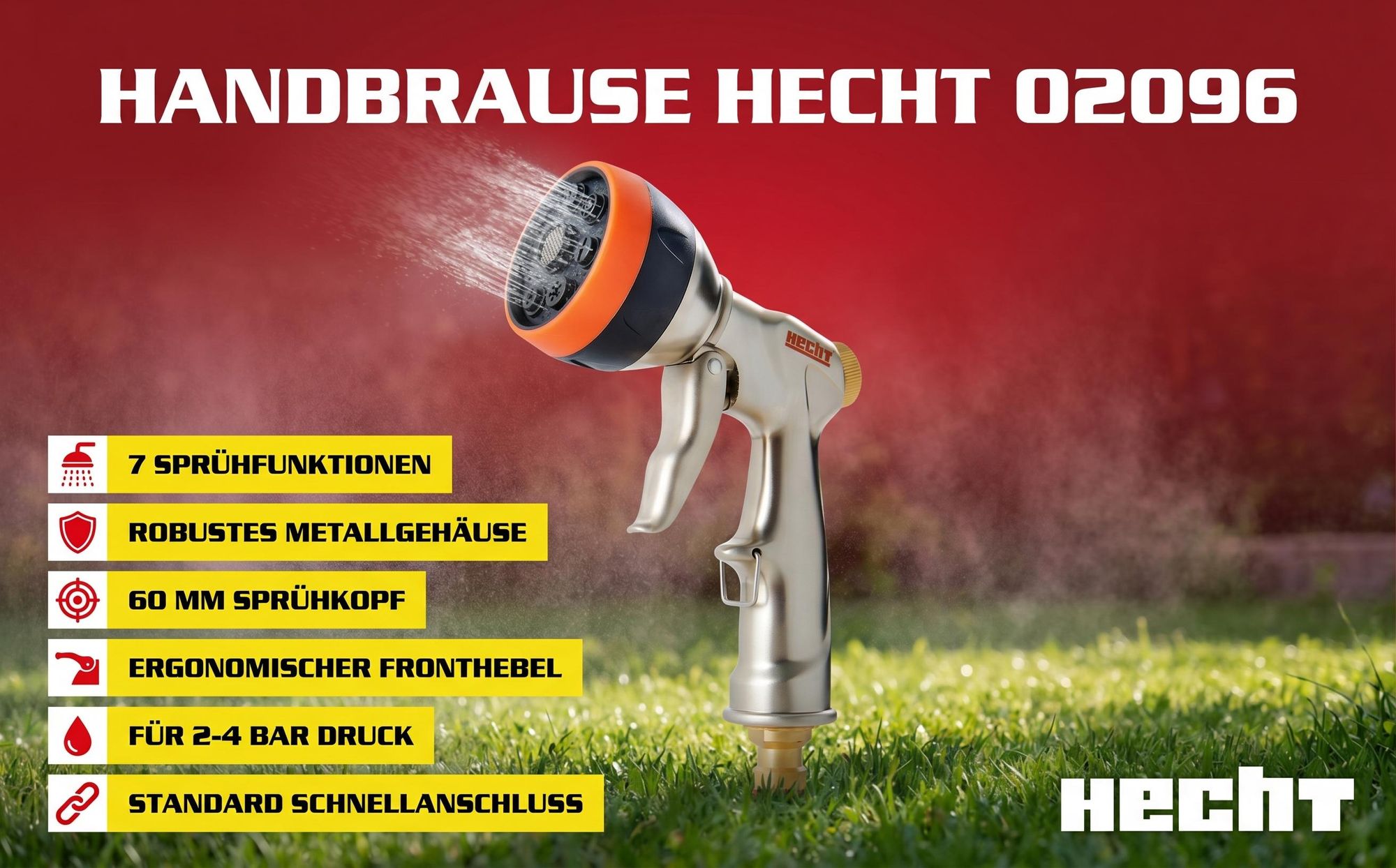 HECHT 02096 Gartenbrause Handbrause | 6 Sprühmuster | Rostfrei | 60 mm Durchmesser