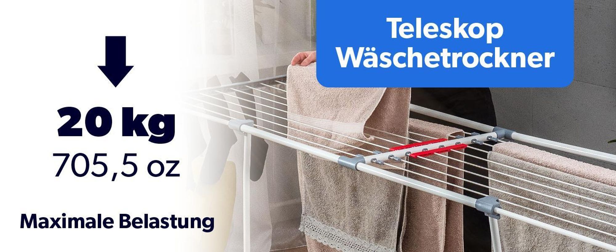 KADAX Wäscheständer "Eloie", großer Trockenleinenlänge, Grau, 110-196 cm