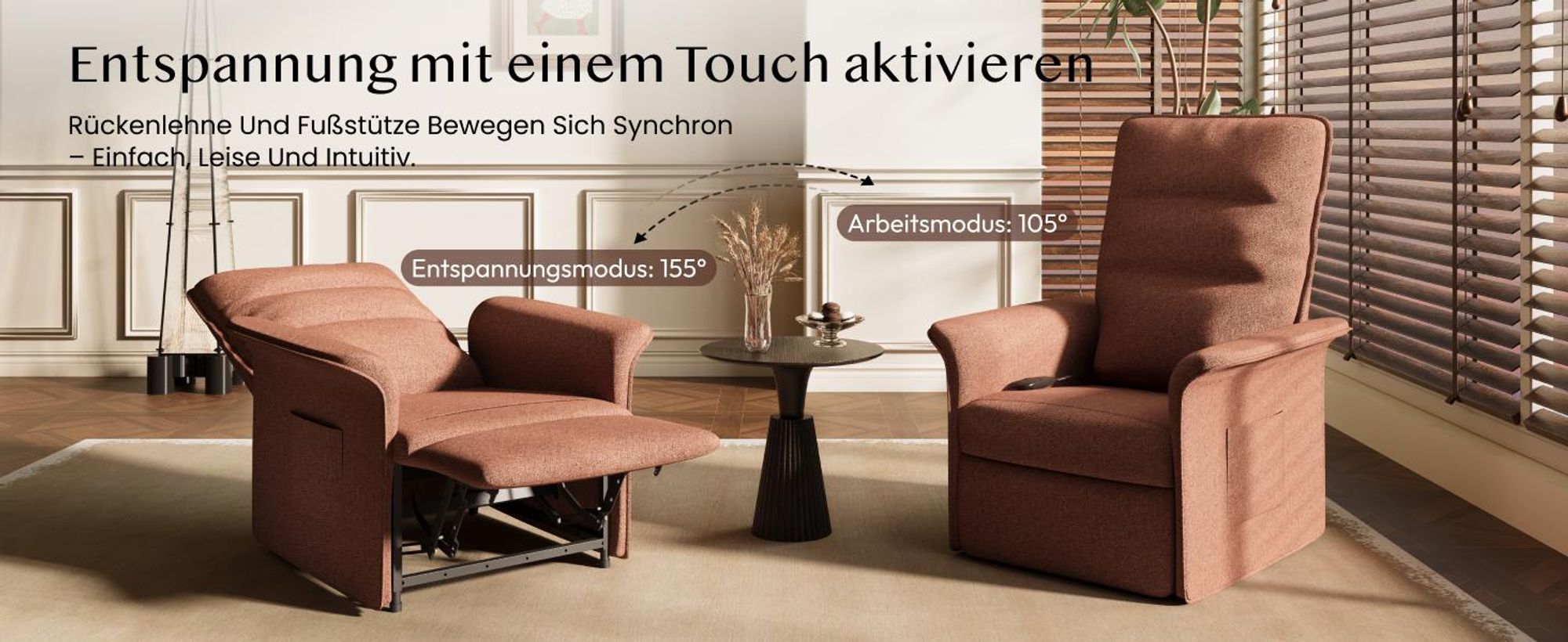 FLEXISPOT Elektrischer Relaxsessel mit Liegefunktion 105°–155°, Verstellbarer TV- & Fernsehsessel für Wohnzimmer, Rückenlehne & Fußstütze(Orangebraun)