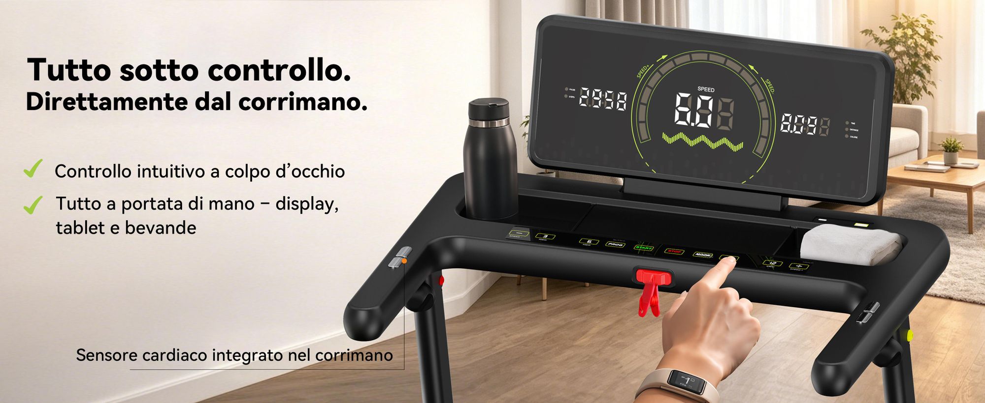 Tapis roulant pieghevole FunLife F8 con inclinazione del 5%, display integrato nel corrimano, piano di corsa extra largo, silenzioso e delicato sulle articolazioni, 12 programmi, 1–12 km/h