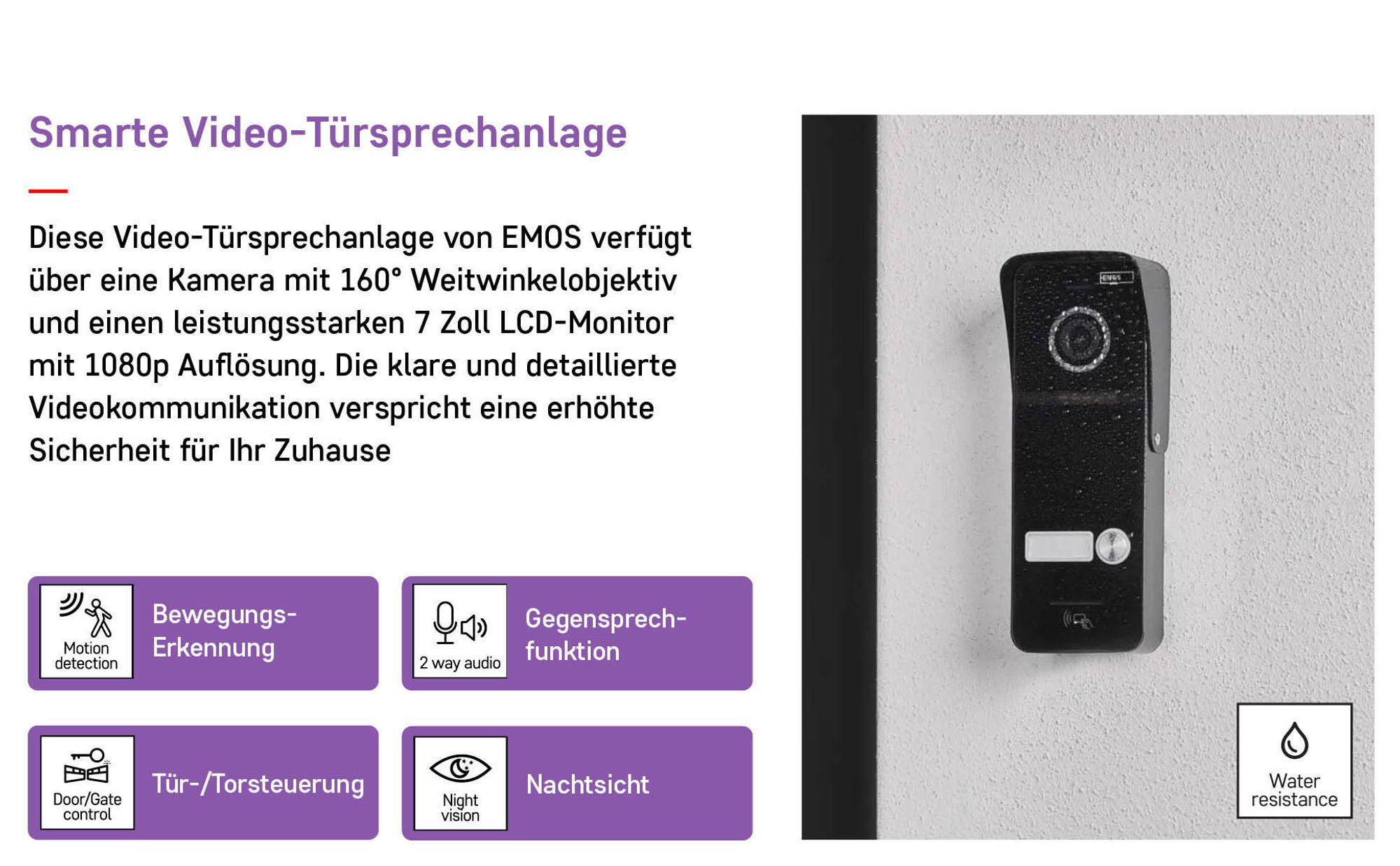 EMOS GoSmart Video-Türsprechanlage mit WiFi und App, wasserdichte Full-HD Kamera (2MP/1080p) mit RFID-Chips, Monitor mit 7'' LCD-Farbdisplay, H4020
