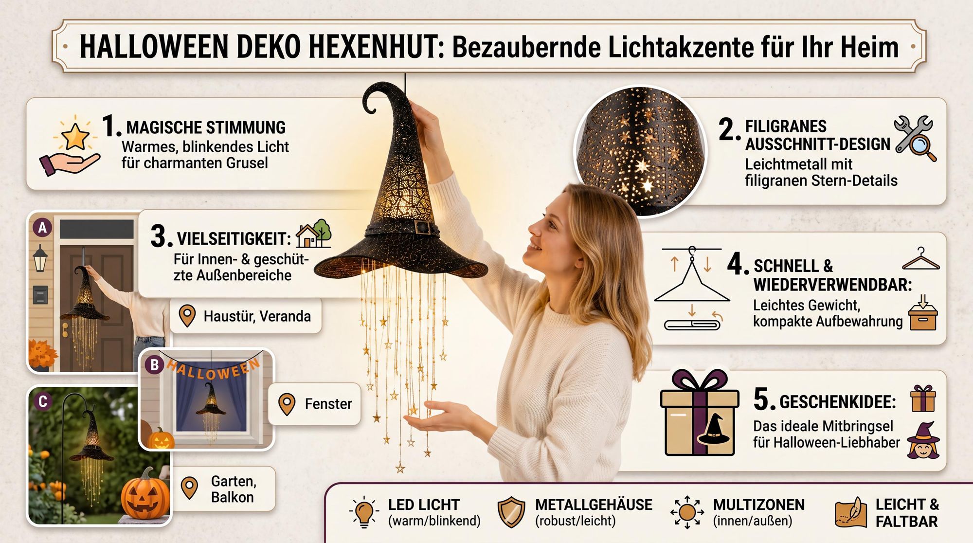 Halloween Deko Hexenhut, beleuchtete Hängedeko aus Metall, leuchtende Hexenhut-Dekoration für Tür, Veranda, Terrasse, Fenster und Garten