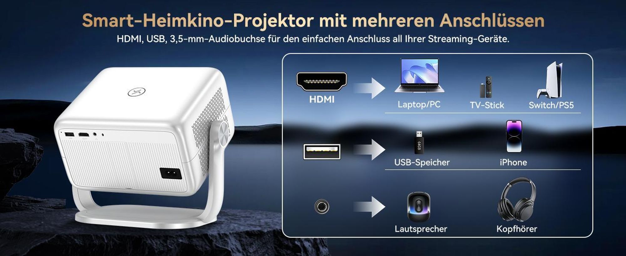 Blackview-Huidun PT10 Beamer, 25000 Lumen, 1080P Native, 4K, Google TV, 360° Deckenprojektion, KI Autofokus, WiFi 6, 10W HiFi, Tragbares Heimkino