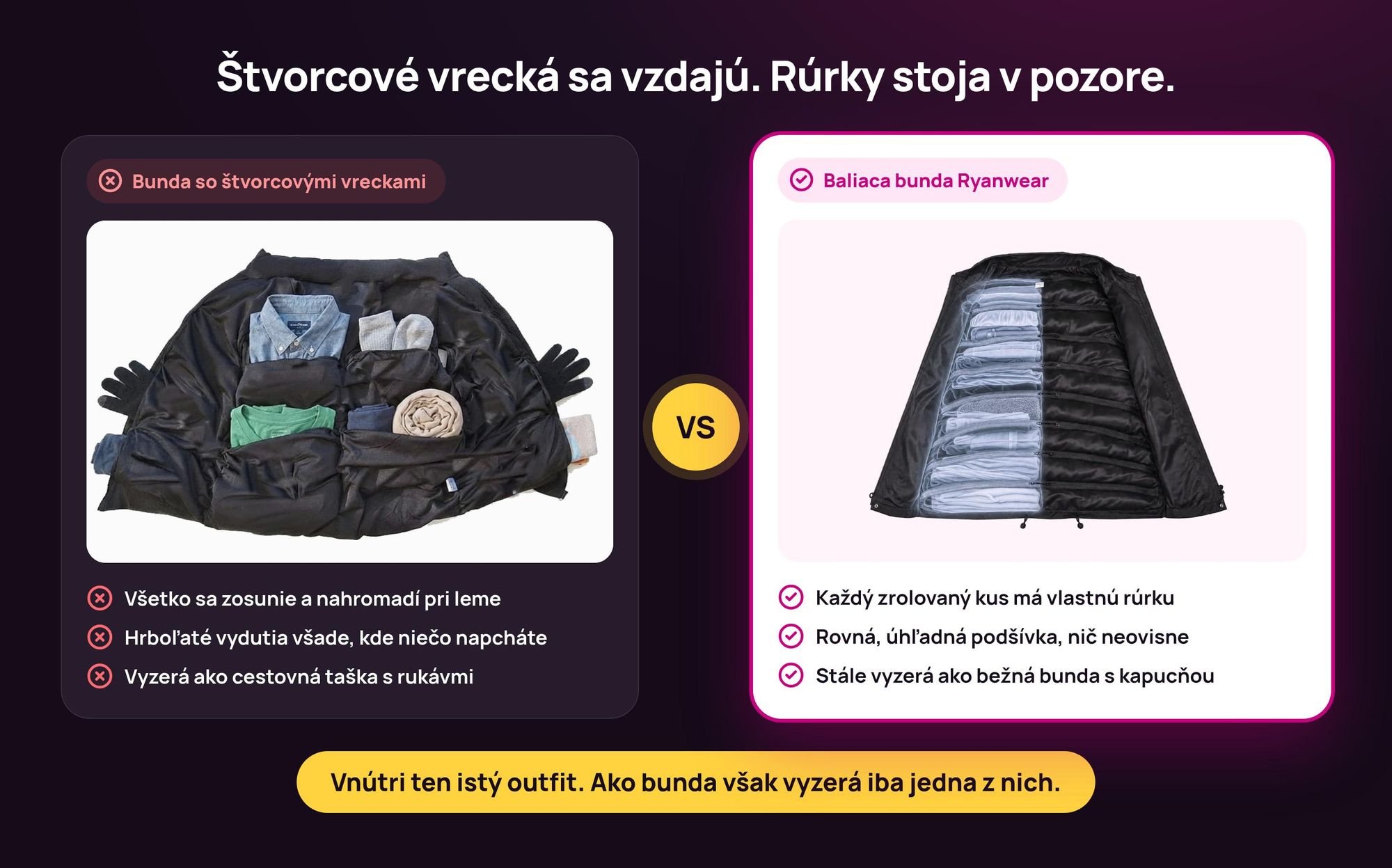 Porovnanie: ovisnutá bunda so štvorcovými vreckami vs. Baliaca bunda Ryanwear s rúrkami