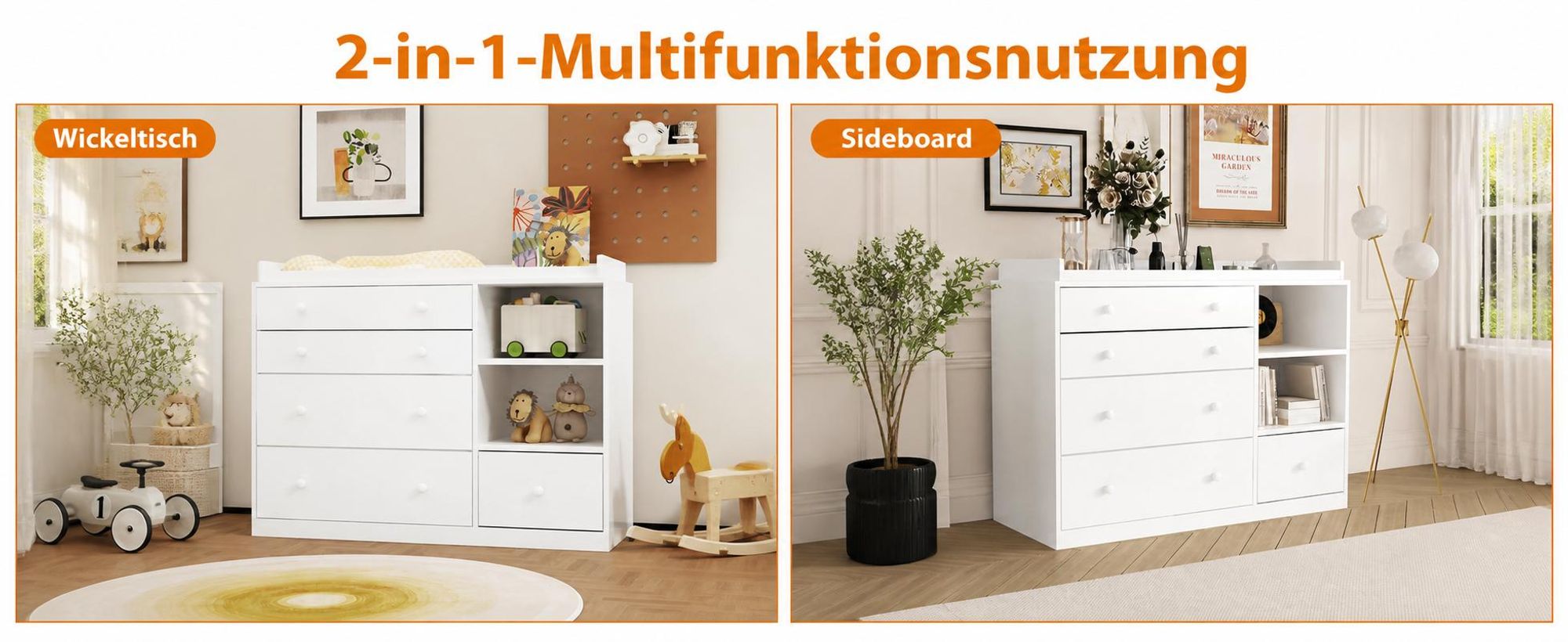 Wickelkommode Weiß 120x50x91.5cm, Wickeltisch mit 5 Schubladen & 2 offenen Fächern, Wickelkommode mit Kippschutz aus P2-MDF