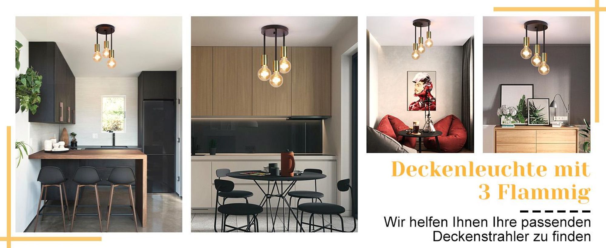 ZMH Deckenleuchte 3 Flammig Deckenstrahler Vintage Deckenlampe E27 Schwarz Gold 3 Spots Industrial Deckenspots für Esszimmer Küche Flur Wohnzimmer