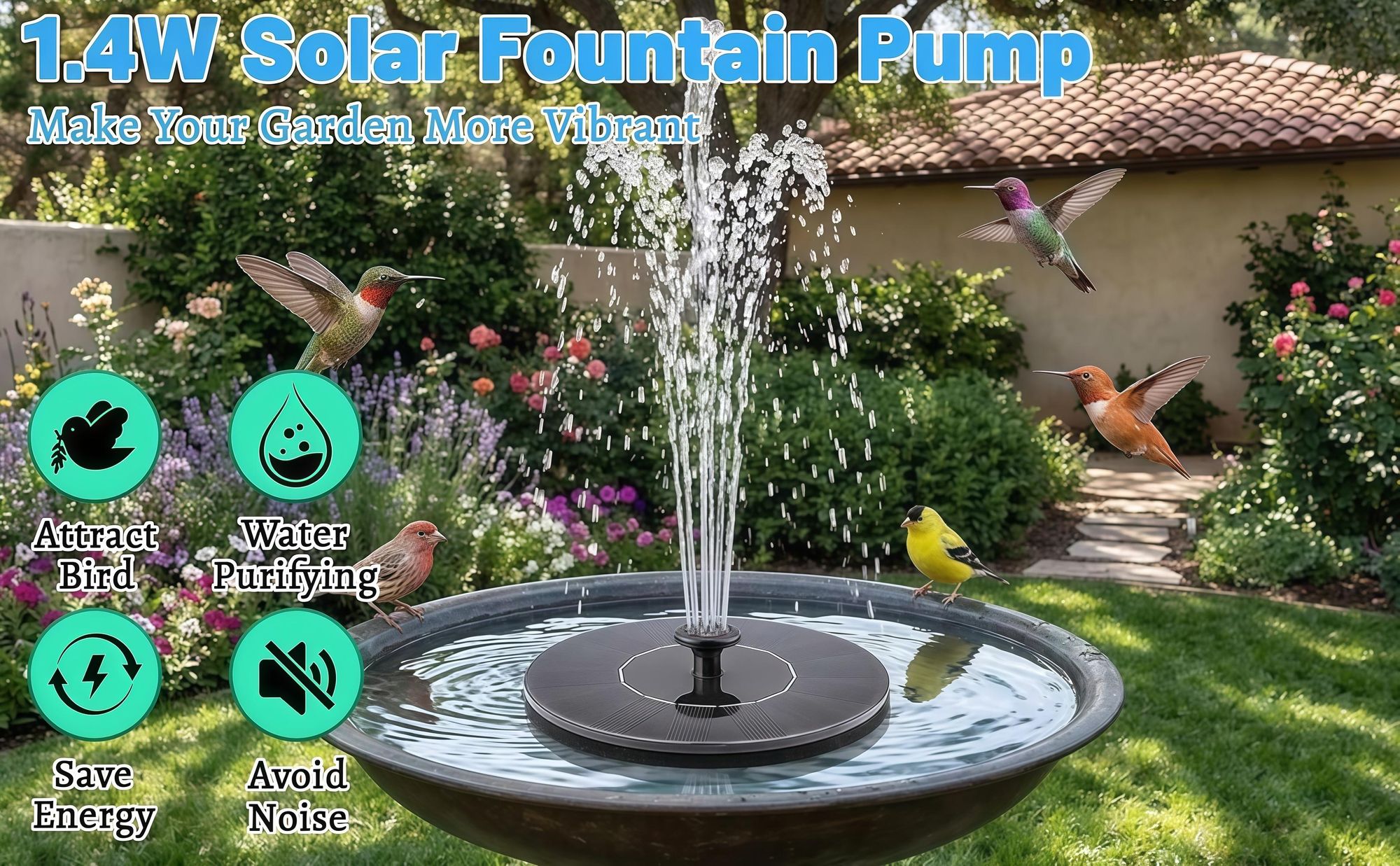 1.4w Solar Springbrunnen,DIY Gartenbrunnen Wasserpumpe mit 6 Düsen,200L/H Wasserdurchfluss,Anti-Blockier-Technologie,Wasserspiel Fontäne,Solar Pumpe