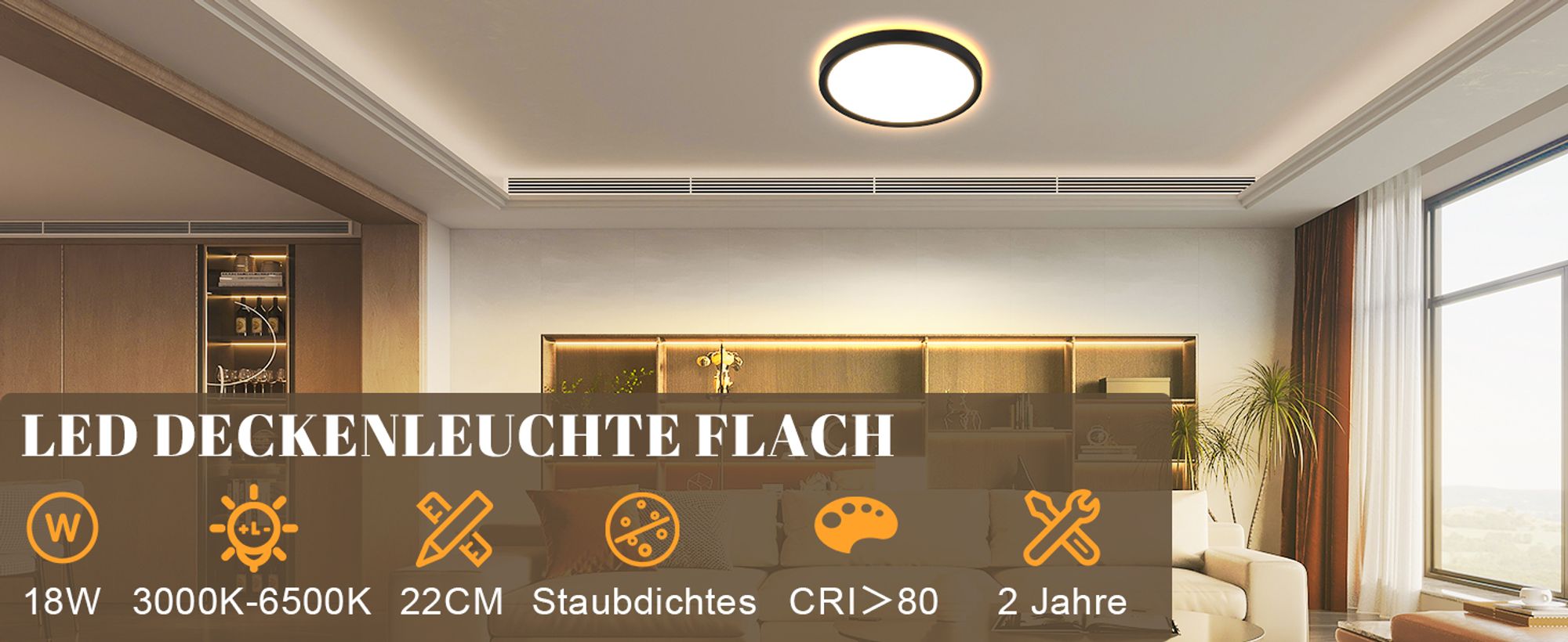 ZMH Deckenlampe LED Deckenleuchte Flach Schlafzimmerlampe 22CM Badezimmerlampe 18W Küchenlampe  Schlafzimmer Schwarz Deckenbeleuchtung Flurlampe Decke Badlampe 3000K - 6500K für Küche Flur