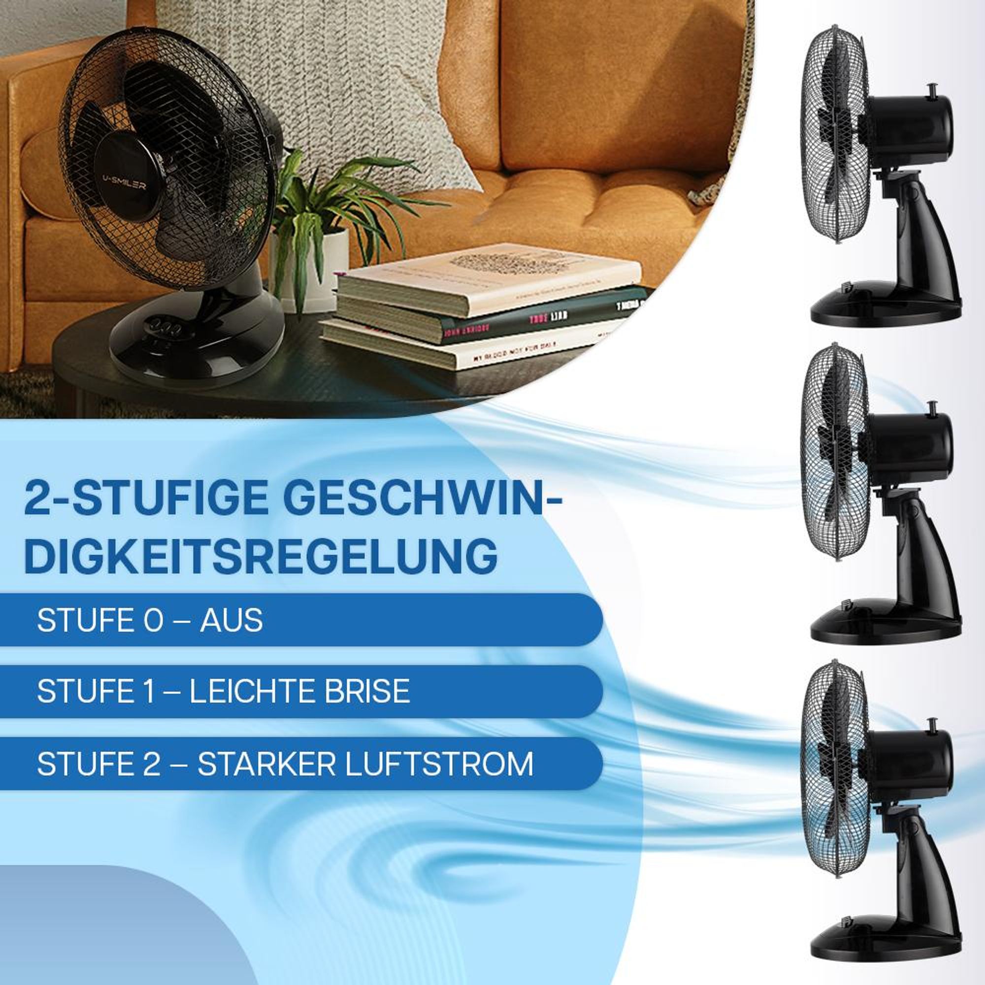 U-SMILER Tischventilator Leise & Kraftvoll Ø 28 cm, 20W, 2 Stufen, Oszillierend, Höhenverstellbar, Kompakter Ventilator für Büro & Schlafzimmer, Strom