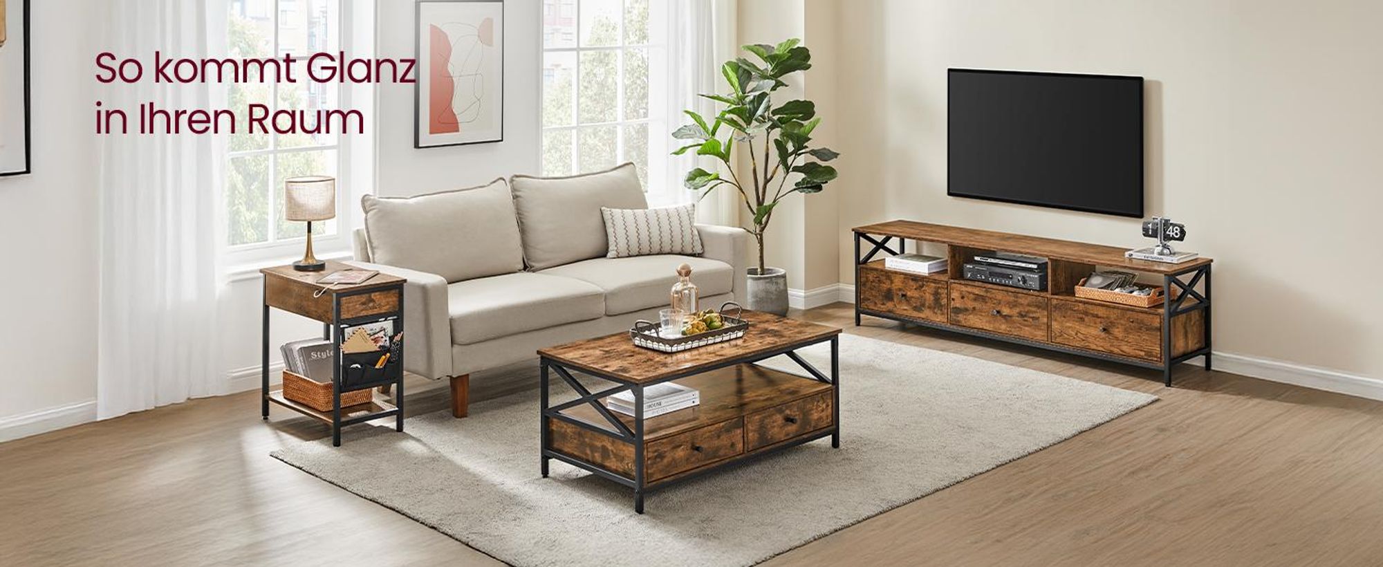 Fernsehtisch, TV-Ständer für Fernseher bis zu 80 Zoll, reichlich Stauraum, 178 x 40 x 50 cm, braun-schwarz