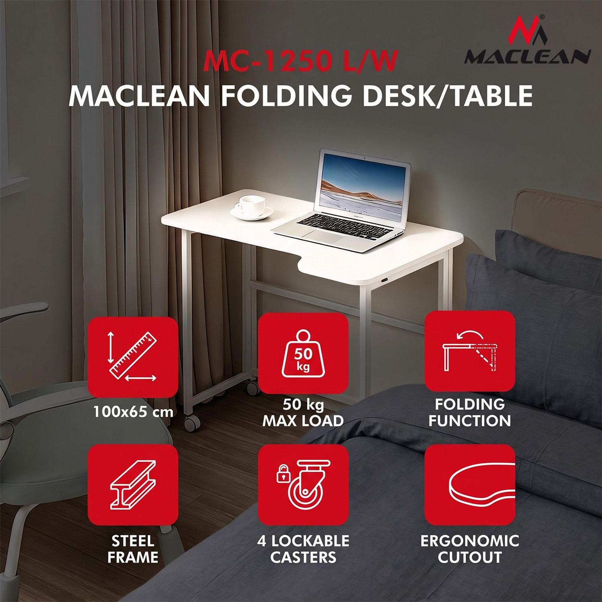 Klappbarer Schreibtisch „Maclean“ weiß mobil 100 x 65 cm max. 50 kg eckig L-Form MC-1250 L/W